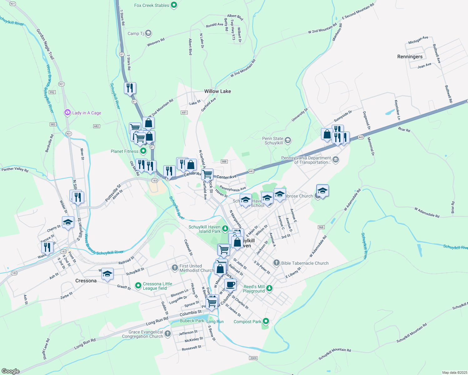map of restaurants, bars, coffee shops, grocery stores, and more near 49 Stanton Street in Schuylkill Haven