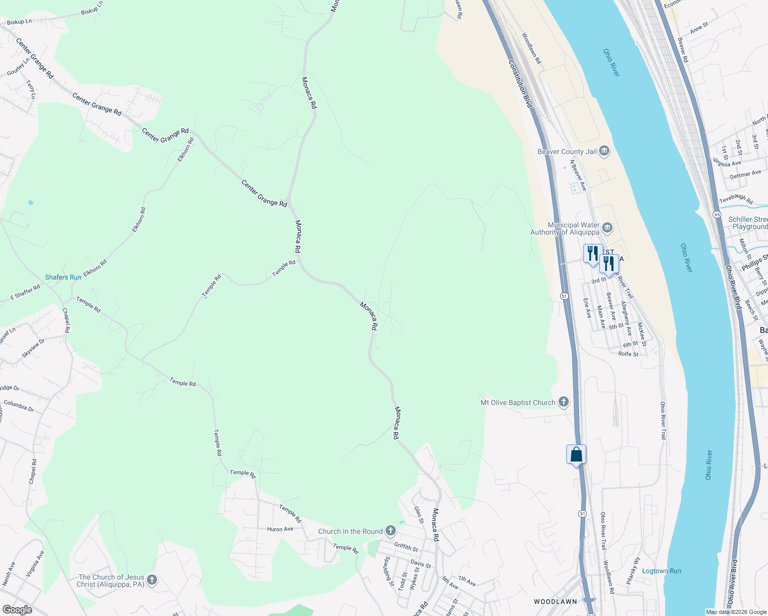 map of restaurants, bars, coffee shops, grocery stores, and more near 810 Monaca Road in Monaca