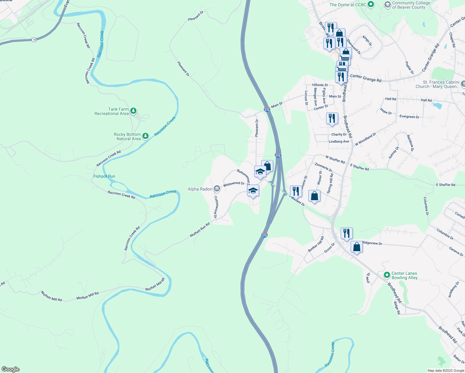 map of restaurants, bars, coffee shops, grocery stores, and more near 111 Whitewood Dr in Aliquippa