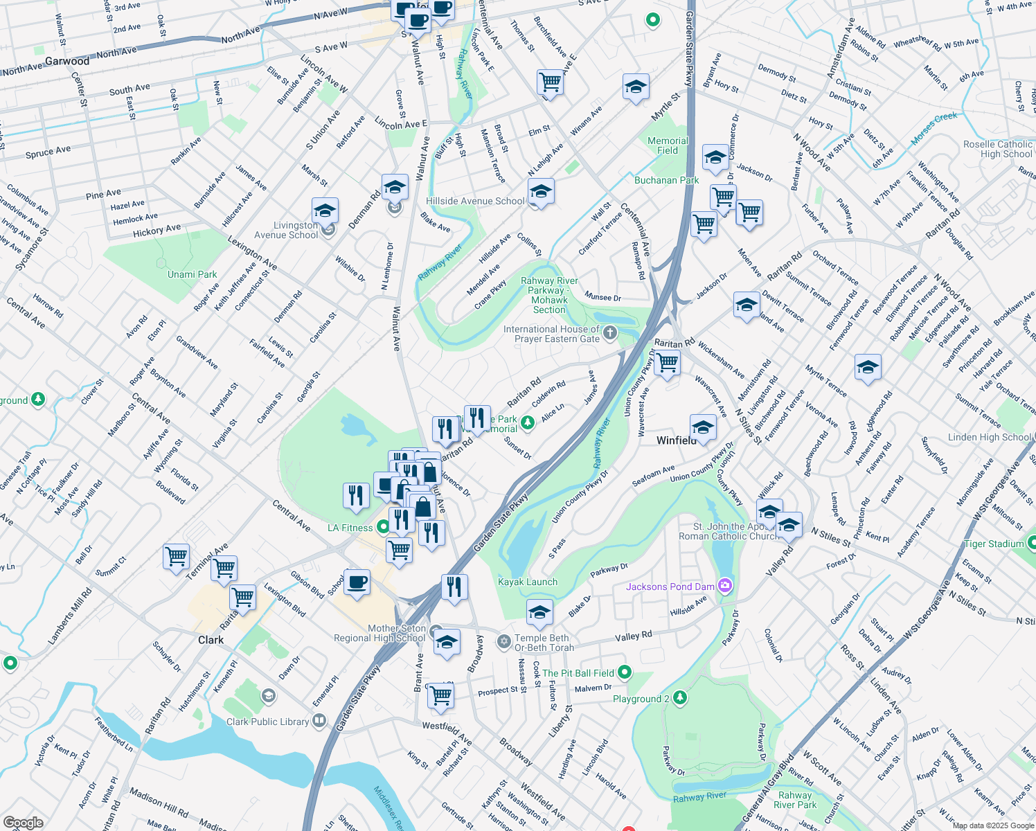 map of restaurants, bars, coffee shops, grocery stores, and more near 11 Coldevin Rd in Clark