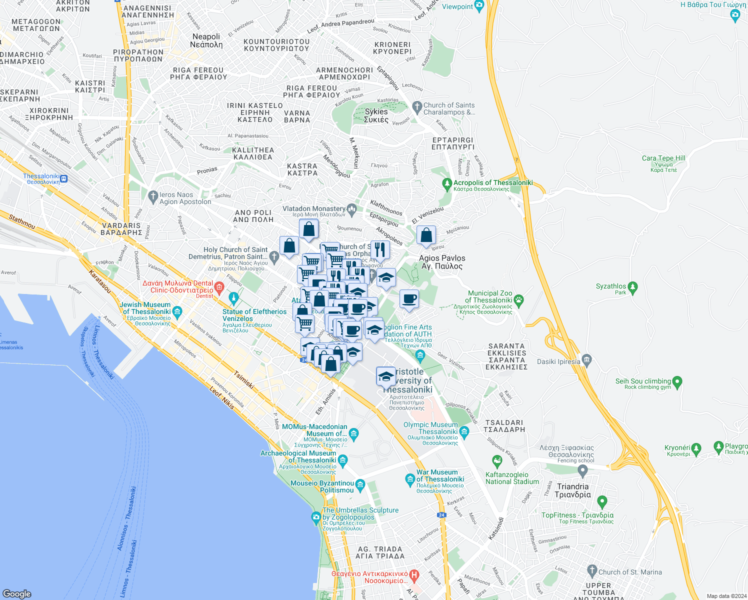 map of restaurants, bars, coffee shops, grocery stores, and more near in Thessaloniki