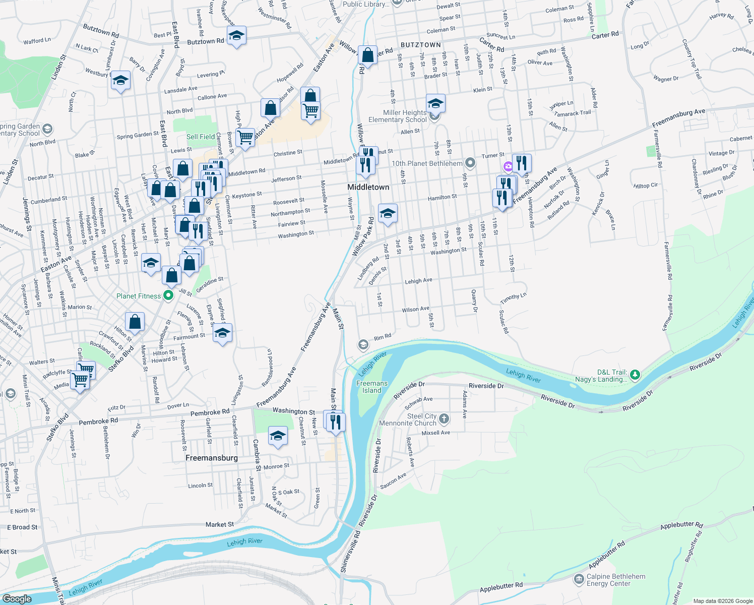 map of restaurants, bars, coffee shops, grocery stores, and more near 1525 1st St in Bethlehem