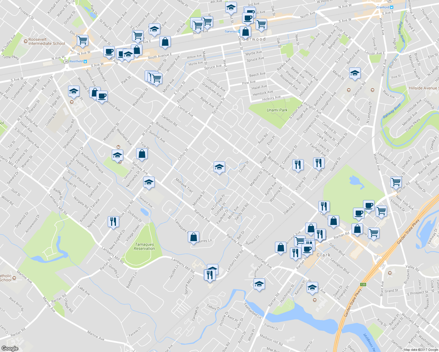 map of restaurants, bars, coffee shops, grocery stores, and more near 1200 Boulevard in Westfield