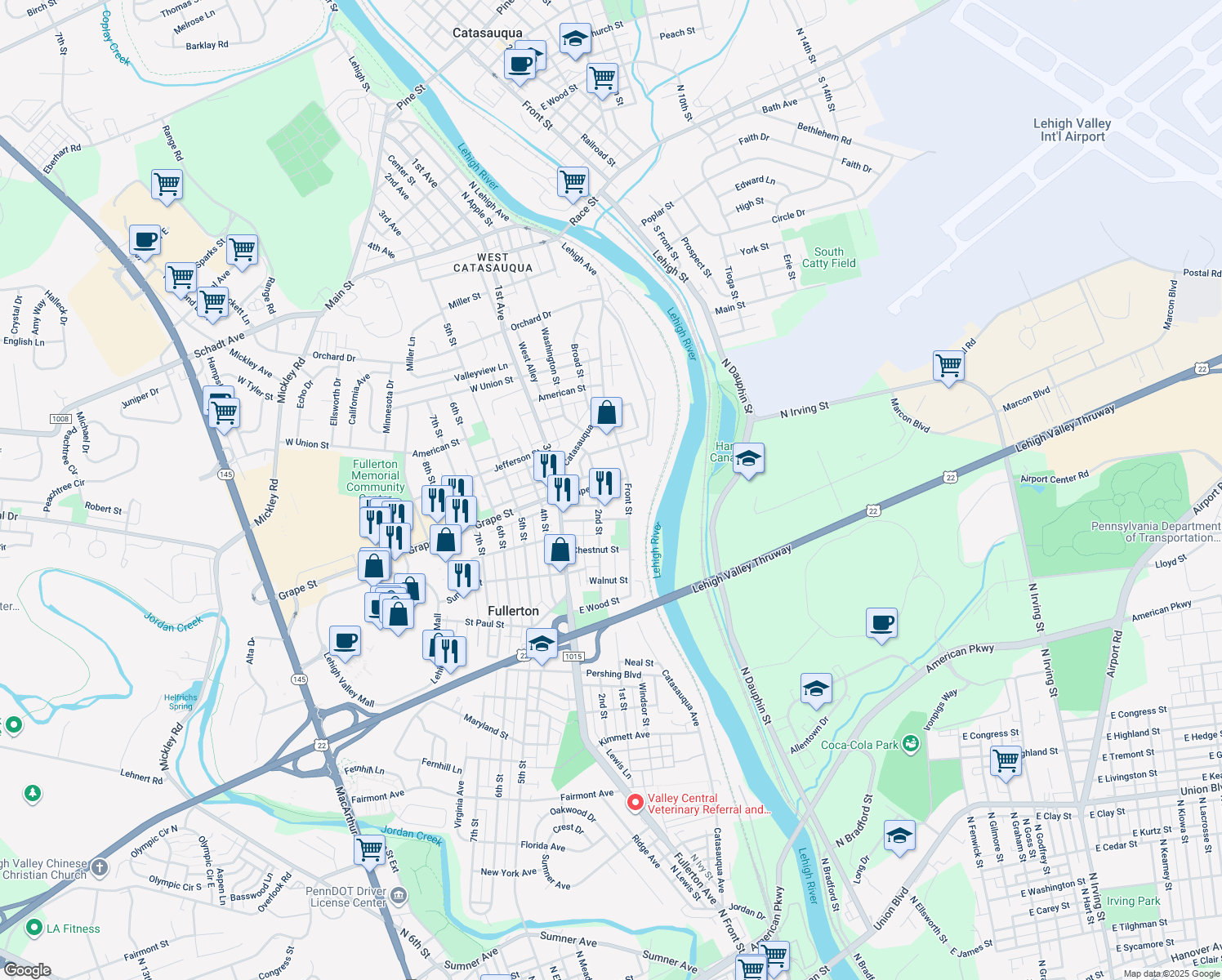 map of restaurants, bars, coffee shops, grocery stores, and more near 126 Grape Street in Fullerton