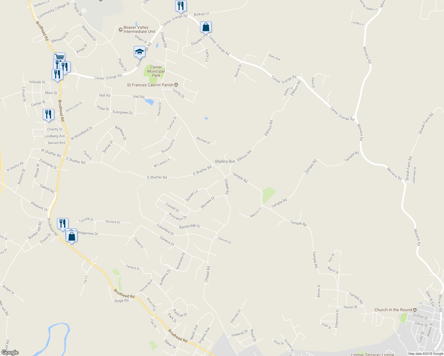 map of restaurants, bars, coffee shops, grocery stores, and more near 110 Brennburn Lane in Aliquippa