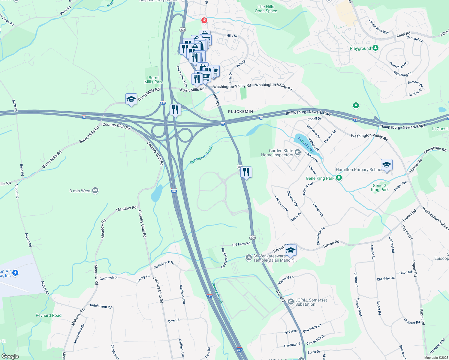 map of restaurants, bars, coffee shops, grocery stores, and more near Corporate Drive in Bridgewater