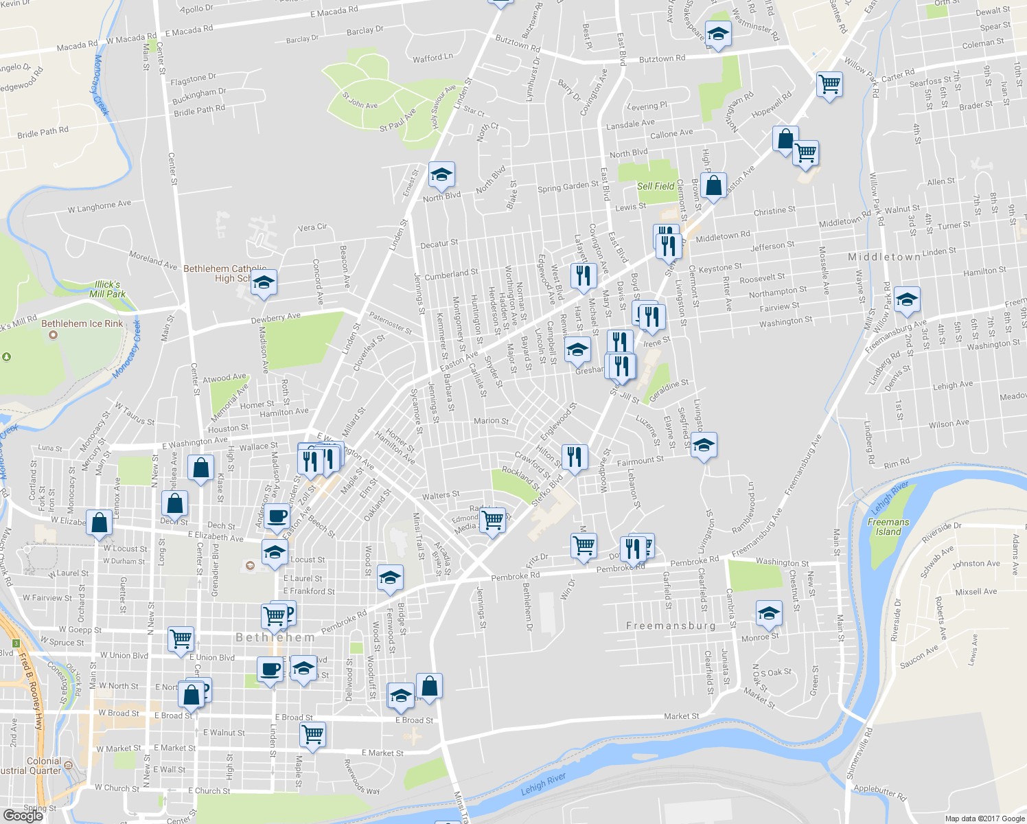 map of restaurants, bars, coffee shops, grocery stores, and more near 1717 Snyder Street in Bethlehem