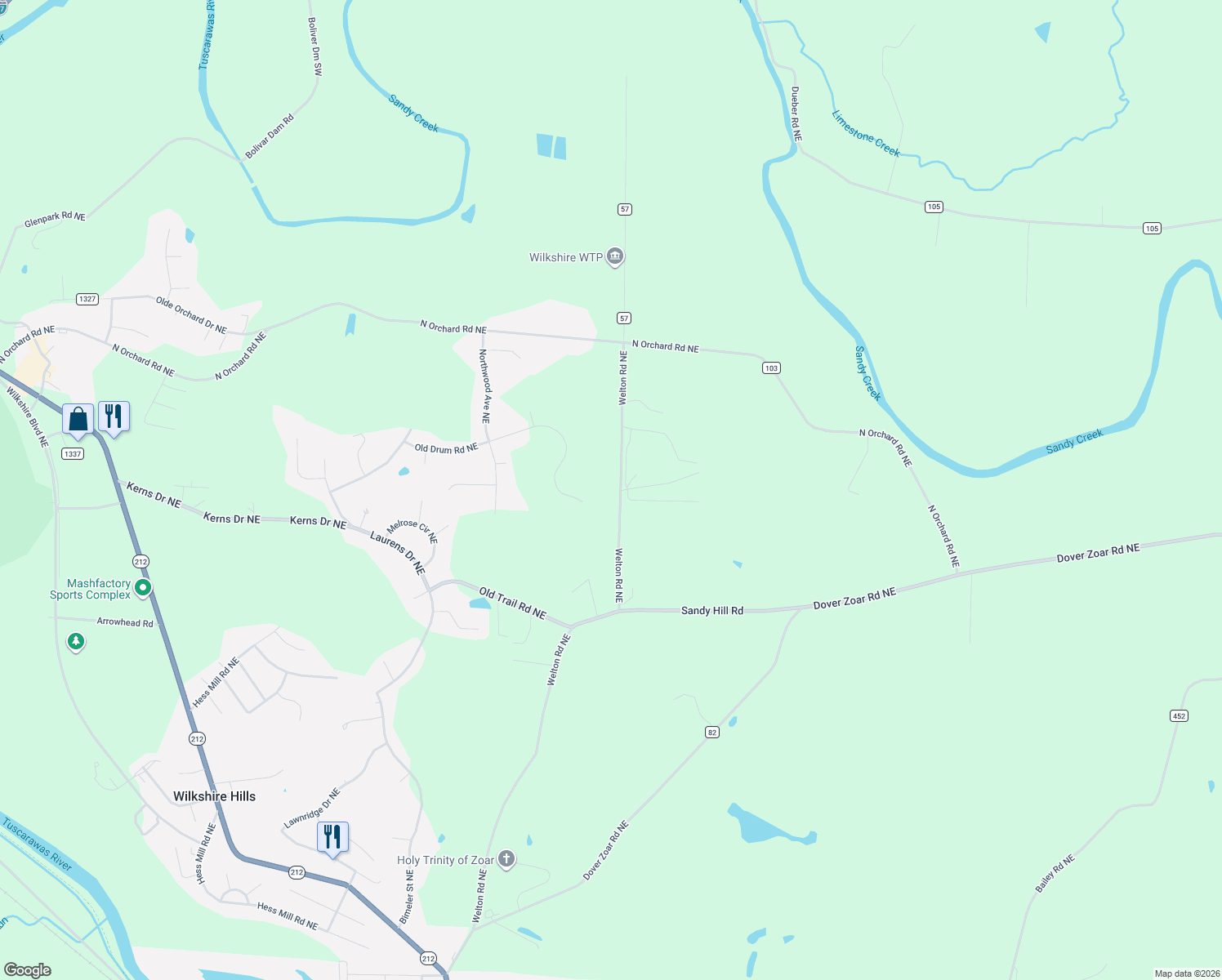 map of restaurants, bars, coffee shops, grocery stores, and more near 10694 Welton Road Northeast in Bolivar