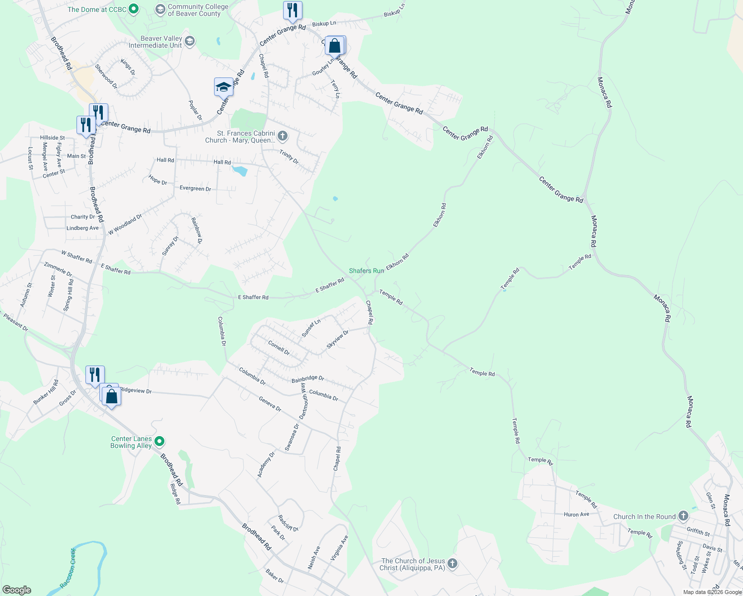 map of restaurants, bars, coffee shops, grocery stores, and more near 110 Brennburn Lane in Aliquippa
