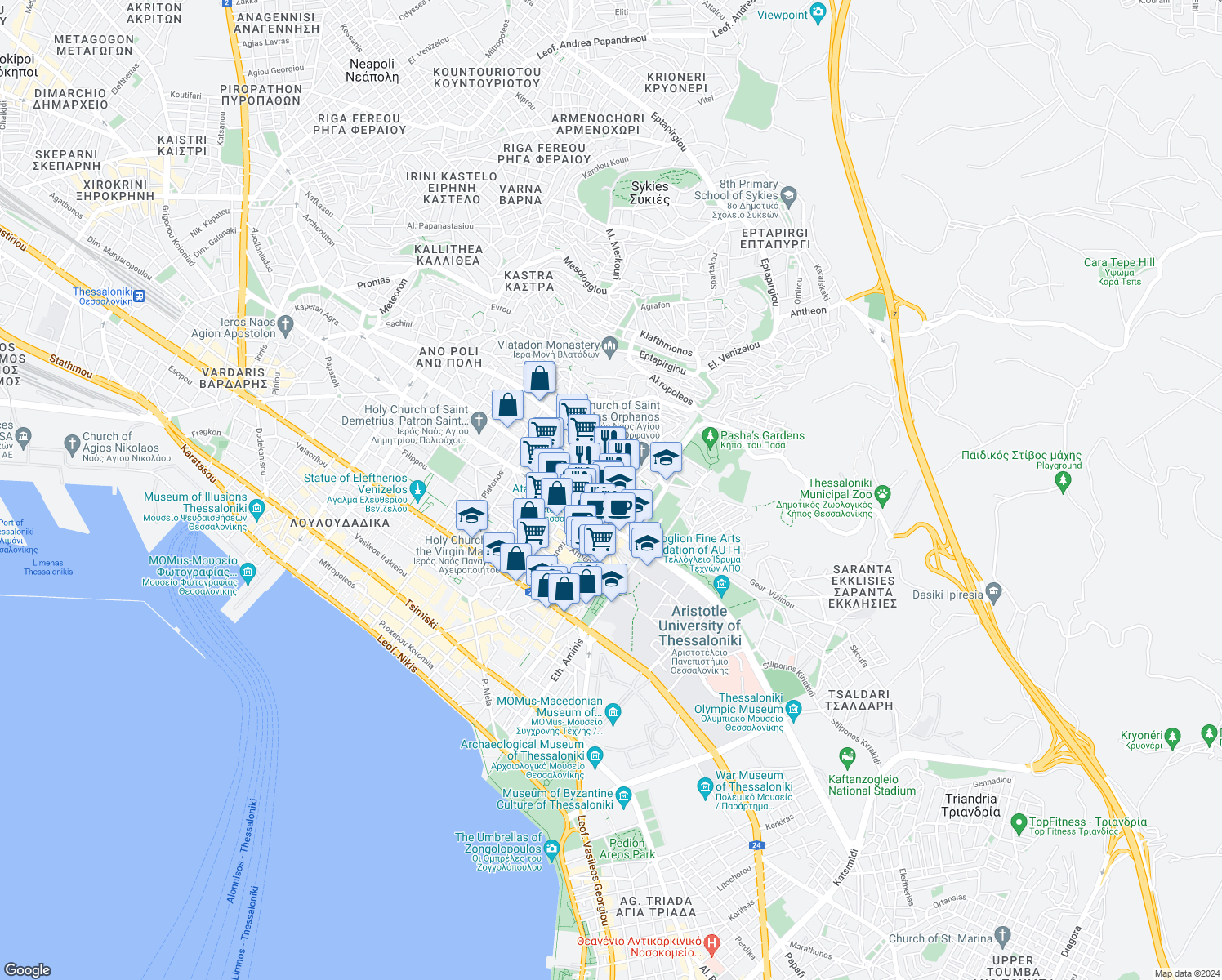 map of restaurants, bars, coffee shops, grocery stores, and more near in Thessaloniki