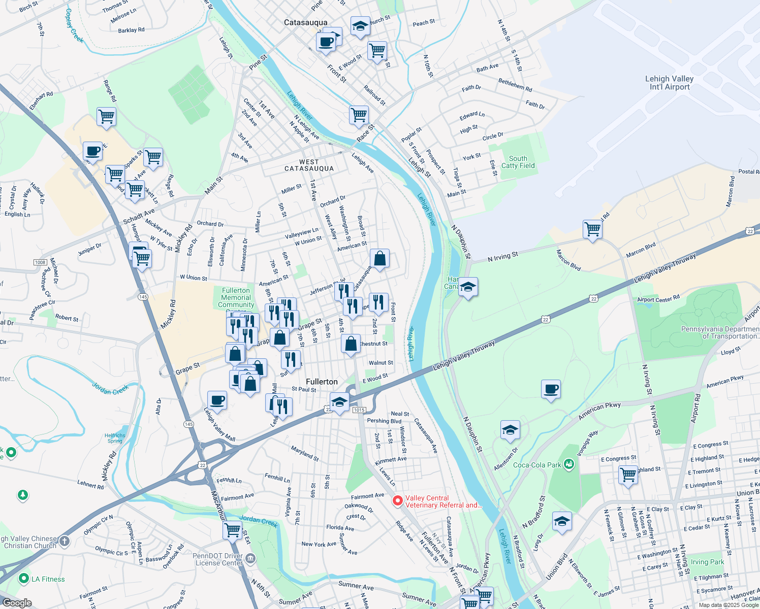 map of restaurants, bars, coffee shops, grocery stores, and more near 130 Grape Street in Fullerton