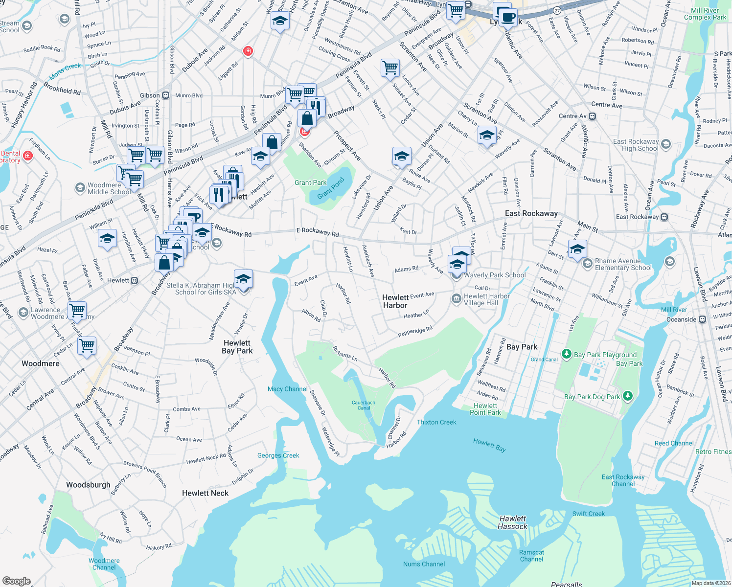 map of restaurants, bars, coffee shops, grocery stores, and more near 1320 Auerbach Avenue in Hewlett