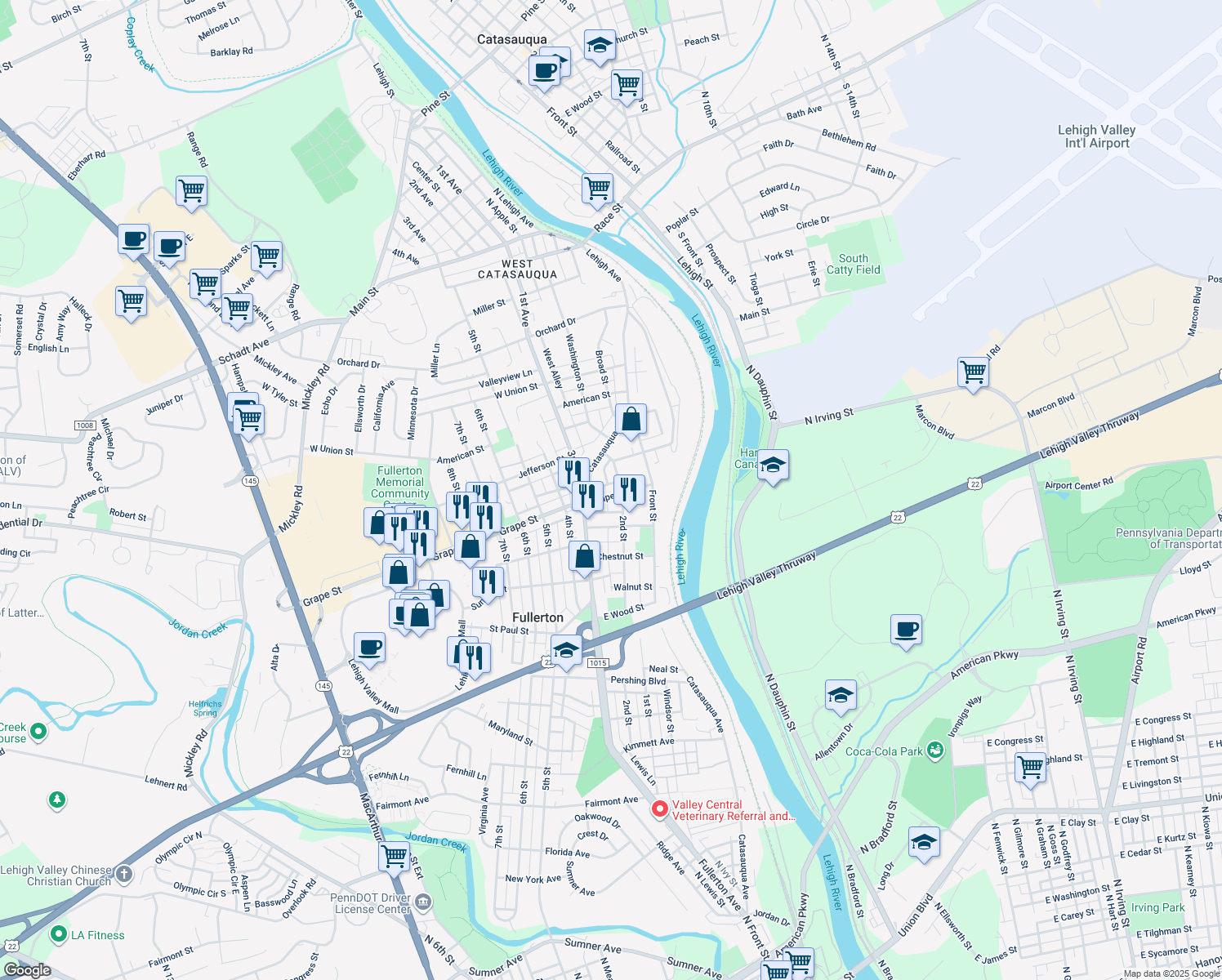 map of restaurants, bars, coffee shops, grocery stores, and more near 215 Grape Street in Fullerton