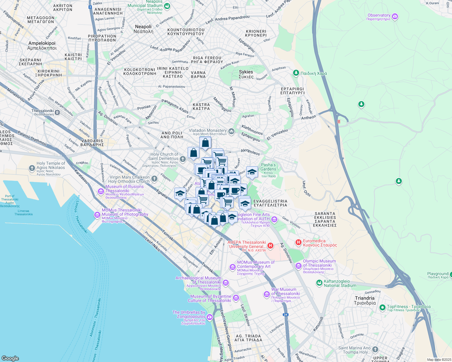 map of restaurants, bars, coffee shops, grocery stores, and more near in Thessaloniki