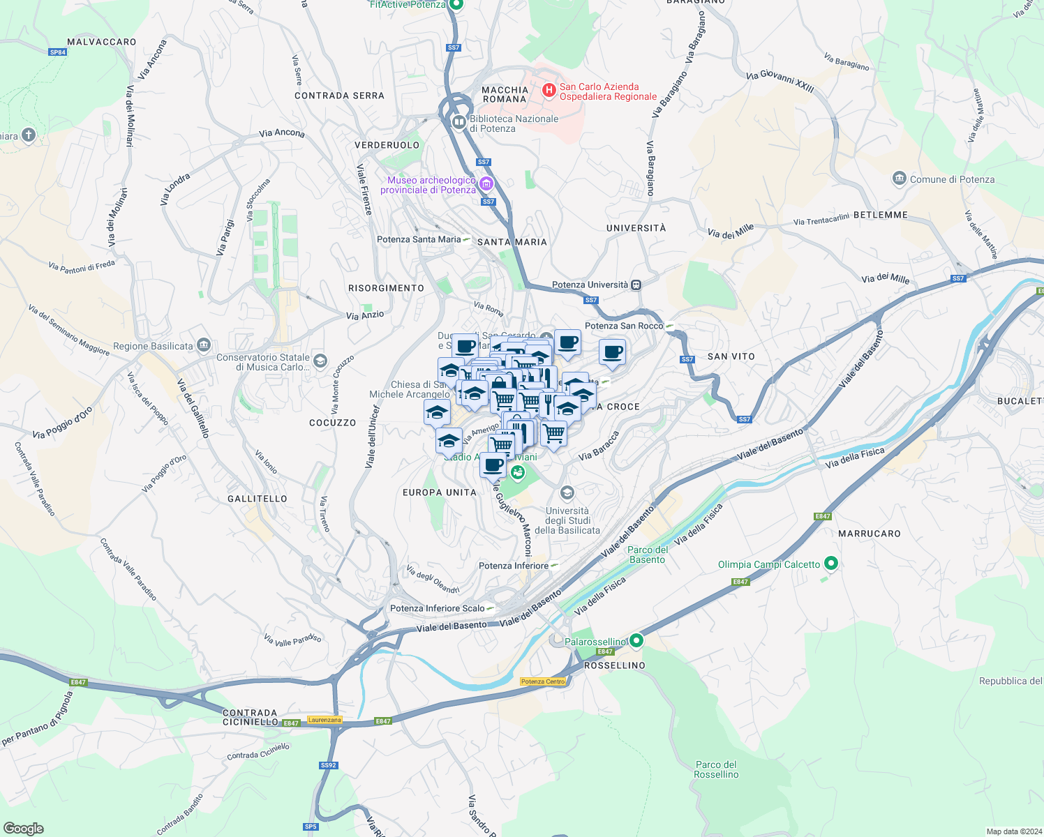 map of restaurants, bars, coffee shops, grocery stores, and more near 6-8 Viale Dante in Potenza