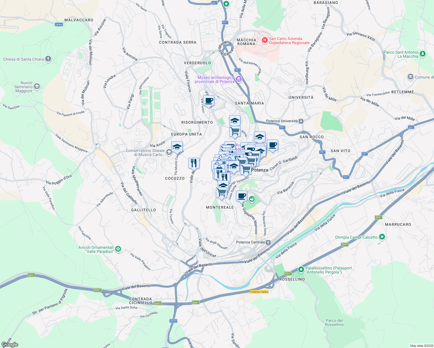 map of restaurants, bars, coffee shops, grocery stores, and more near in Potenza
