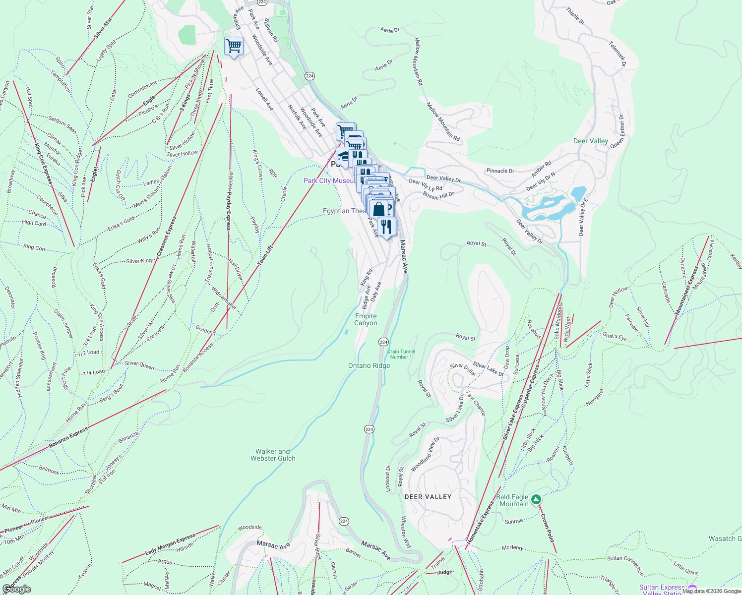 map of restaurants, bars, coffee shops, grocery stores, and more near 136 Daly Avenue in Park City