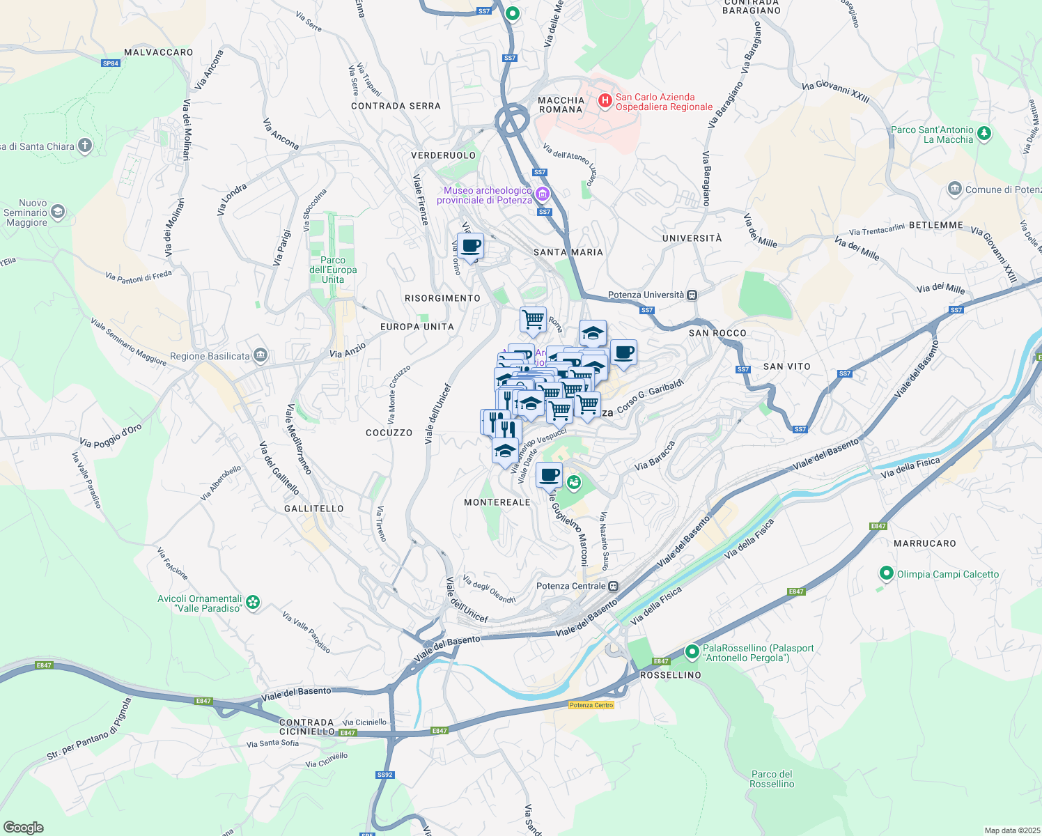 map of restaurants, bars, coffee shops, grocery stores, and more near 76 Via Pretoria in Potenza
