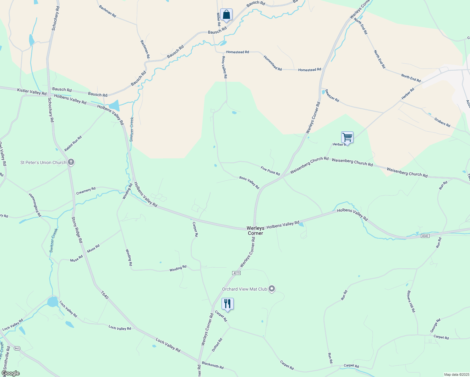 map of restaurants, bars, coffee shops, grocery stores, and more near 4816 Ross Valley Road in New Tripoli