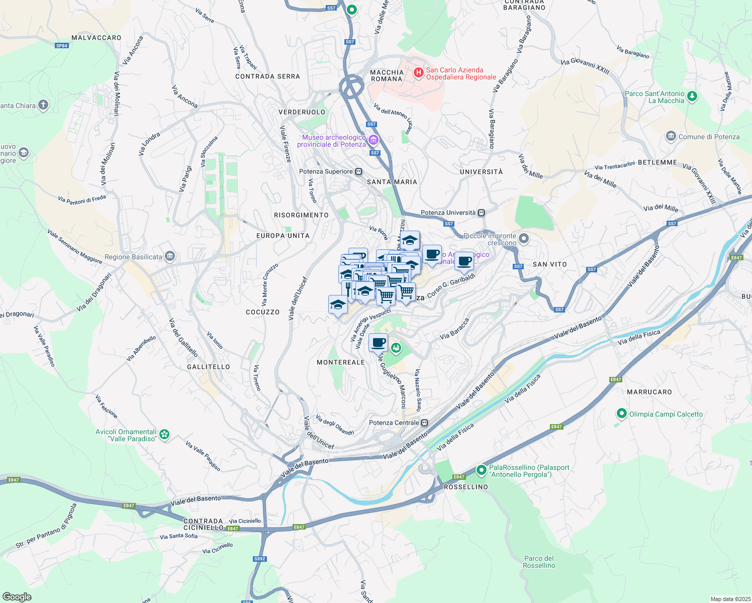 map of restaurants, bars, coffee shops, grocery stores, and more near 20 Via Pretoria in Potenza