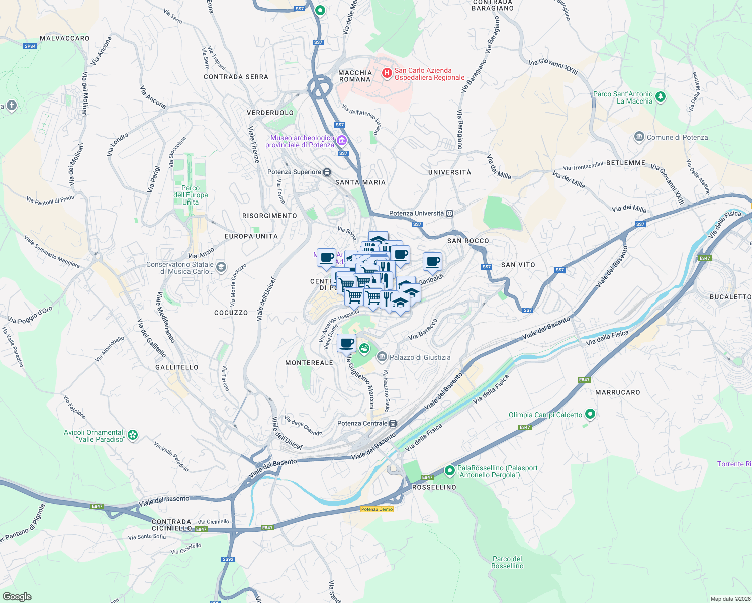 map of restaurants, bars, coffee shops, grocery stores, and more near 28 Corso G. Garibaldi in Potenza