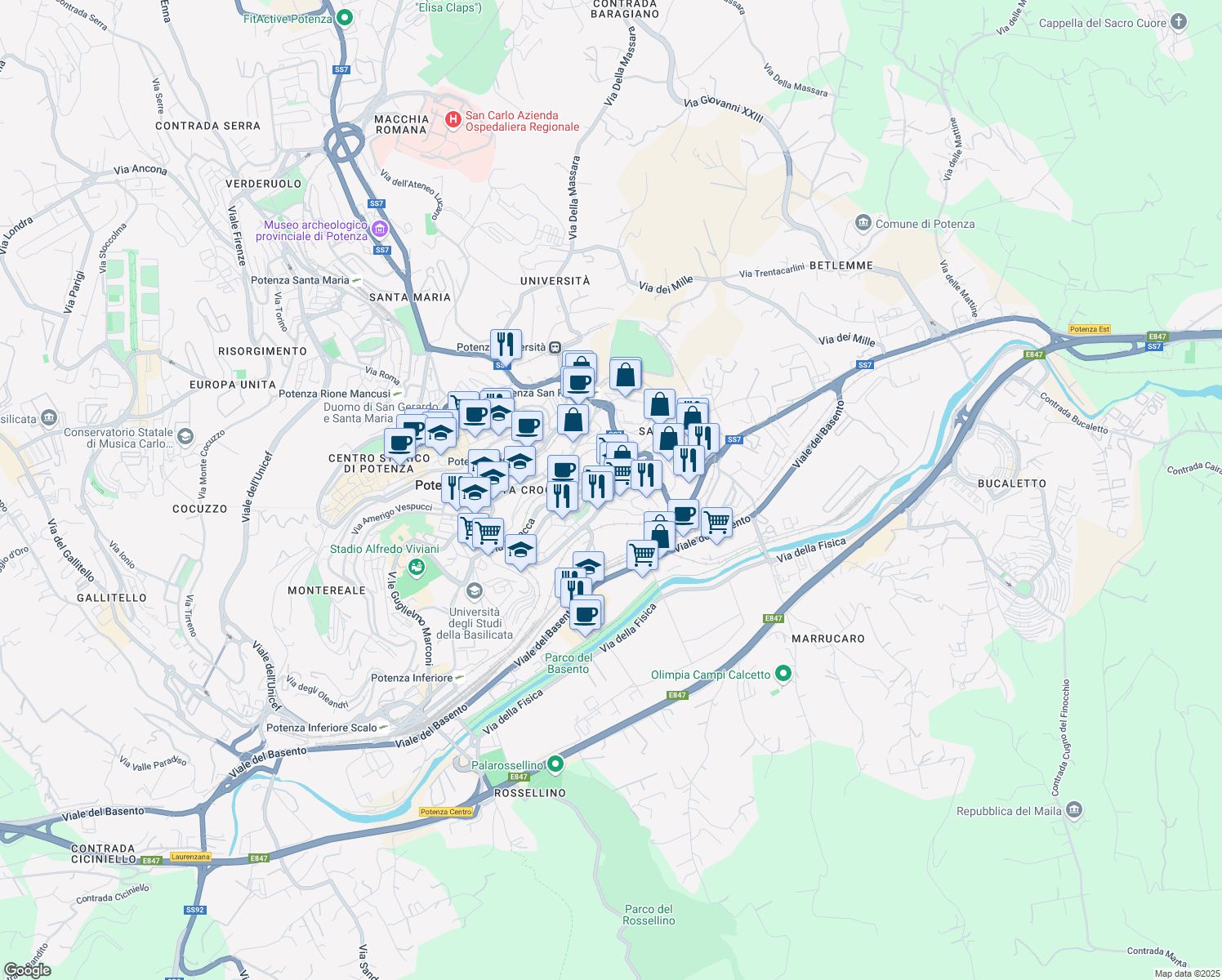 map of restaurants, bars, coffee shops, grocery stores, and more near 252 Via Pasquale Grippo in Potenza