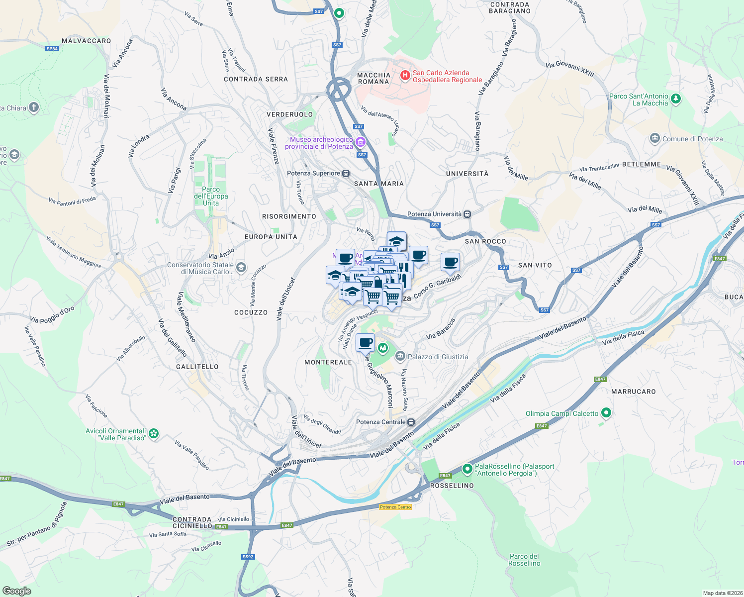 map of restaurants, bars, coffee shops, grocery stores, and more near 8 Vico assisi in Potenza