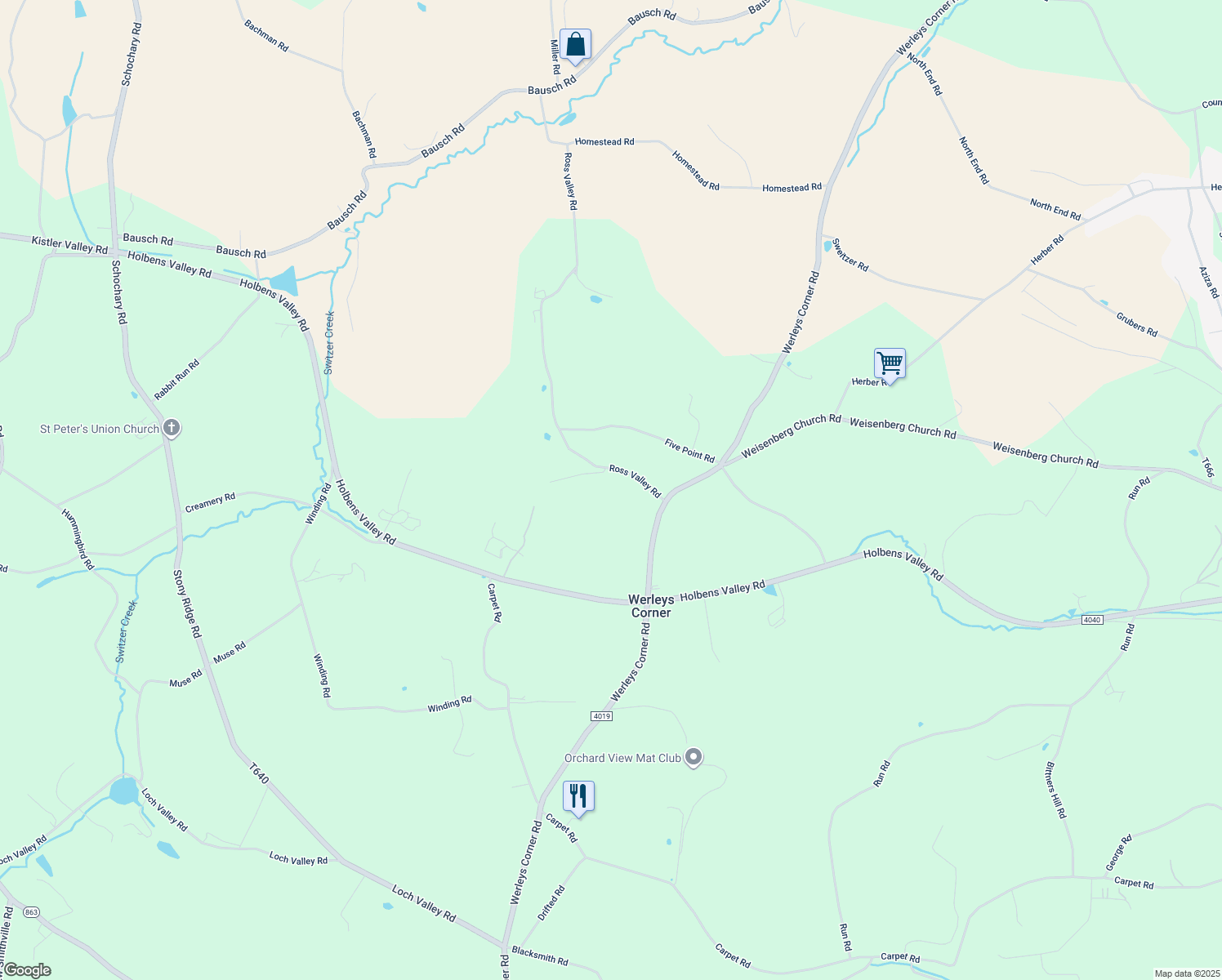 map of restaurants, bars, coffee shops, grocery stores, and more near 4816 Ross Valley Road in New Tripoli