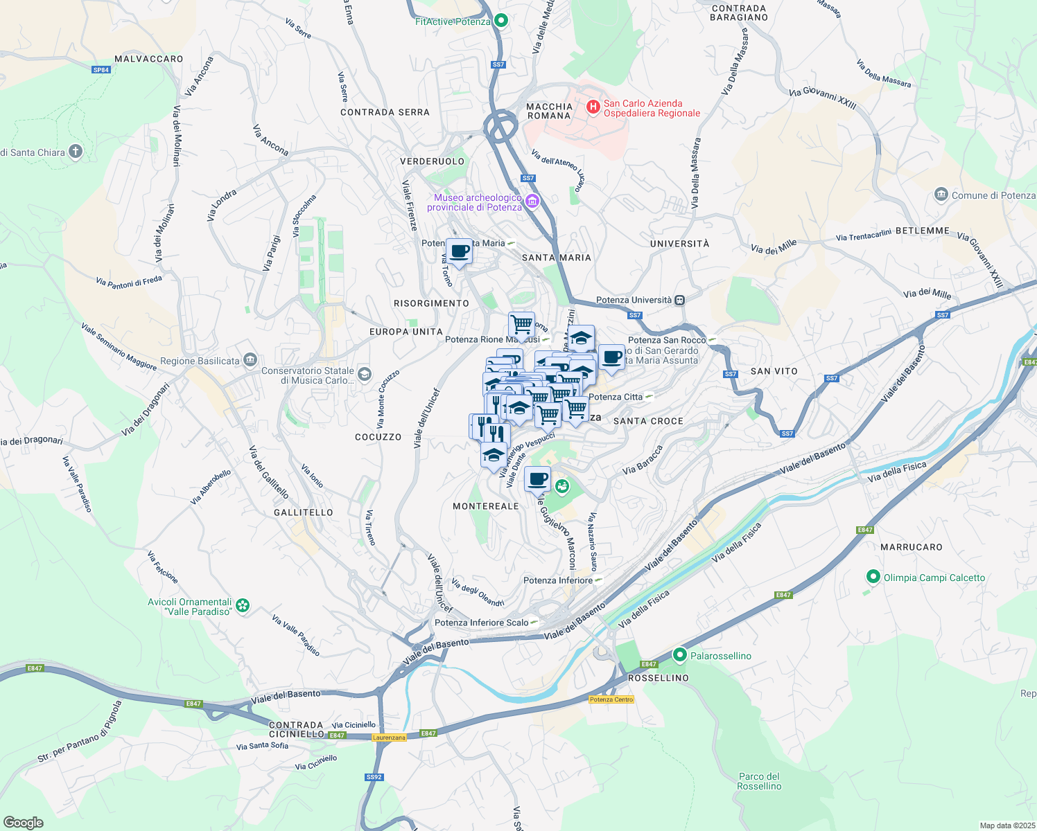 map of restaurants, bars, coffee shops, grocery stores, and more near 76 Via Pretoria in Potenza