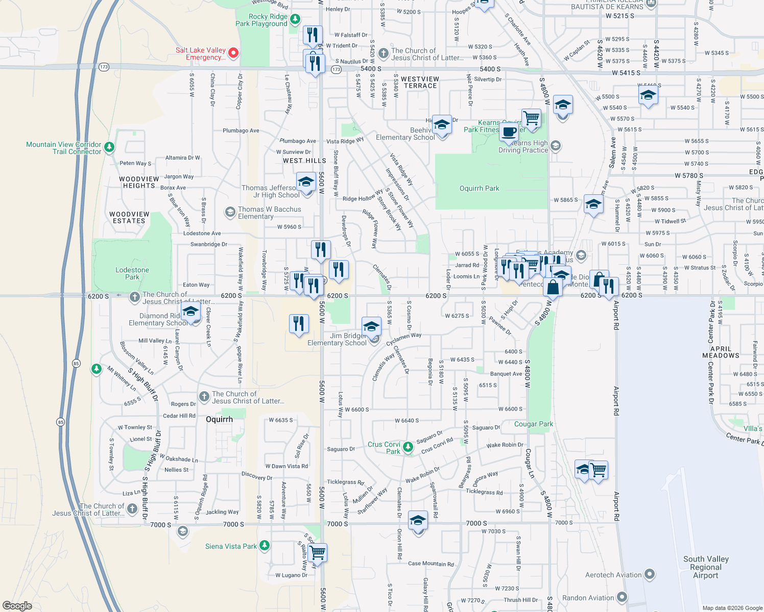 map of restaurants, bars, coffee shops, grocery stores, and more near 5387 North Lilac Avenue South in West Jordan