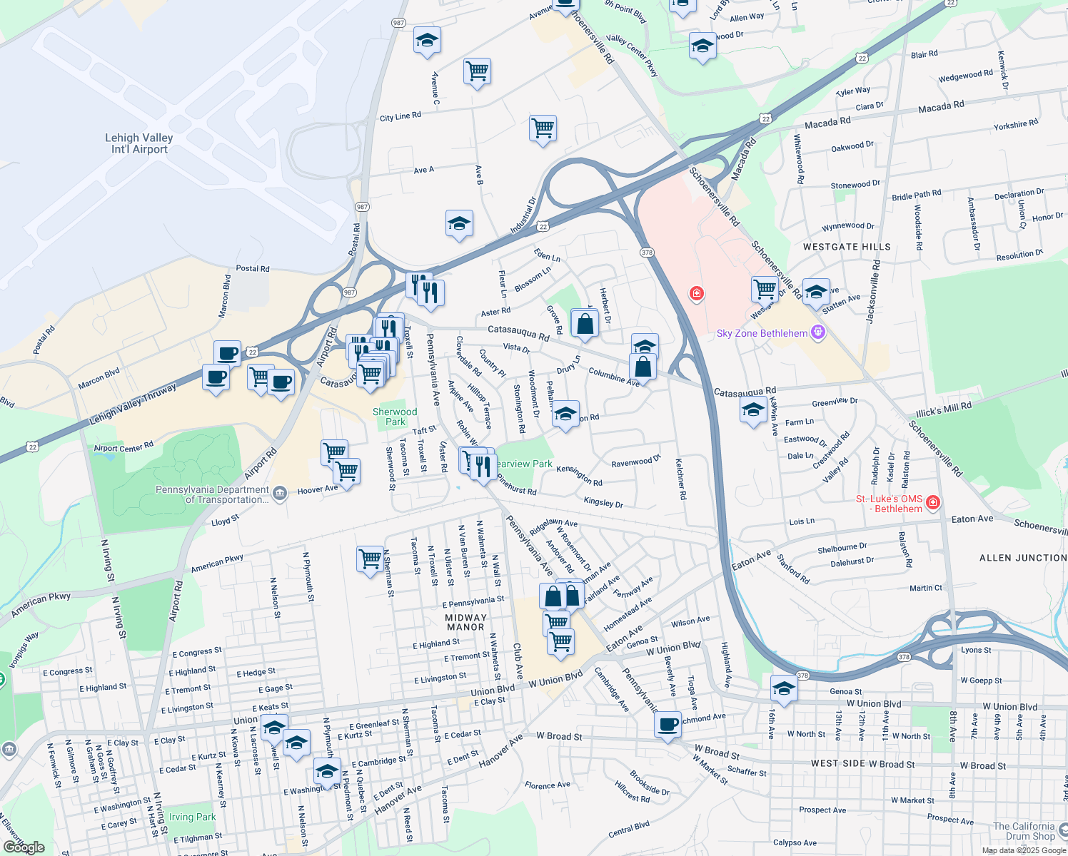 map of restaurants, bars, coffee shops, grocery stores, and more near 1813 Woodmont Dr in Bethlehem