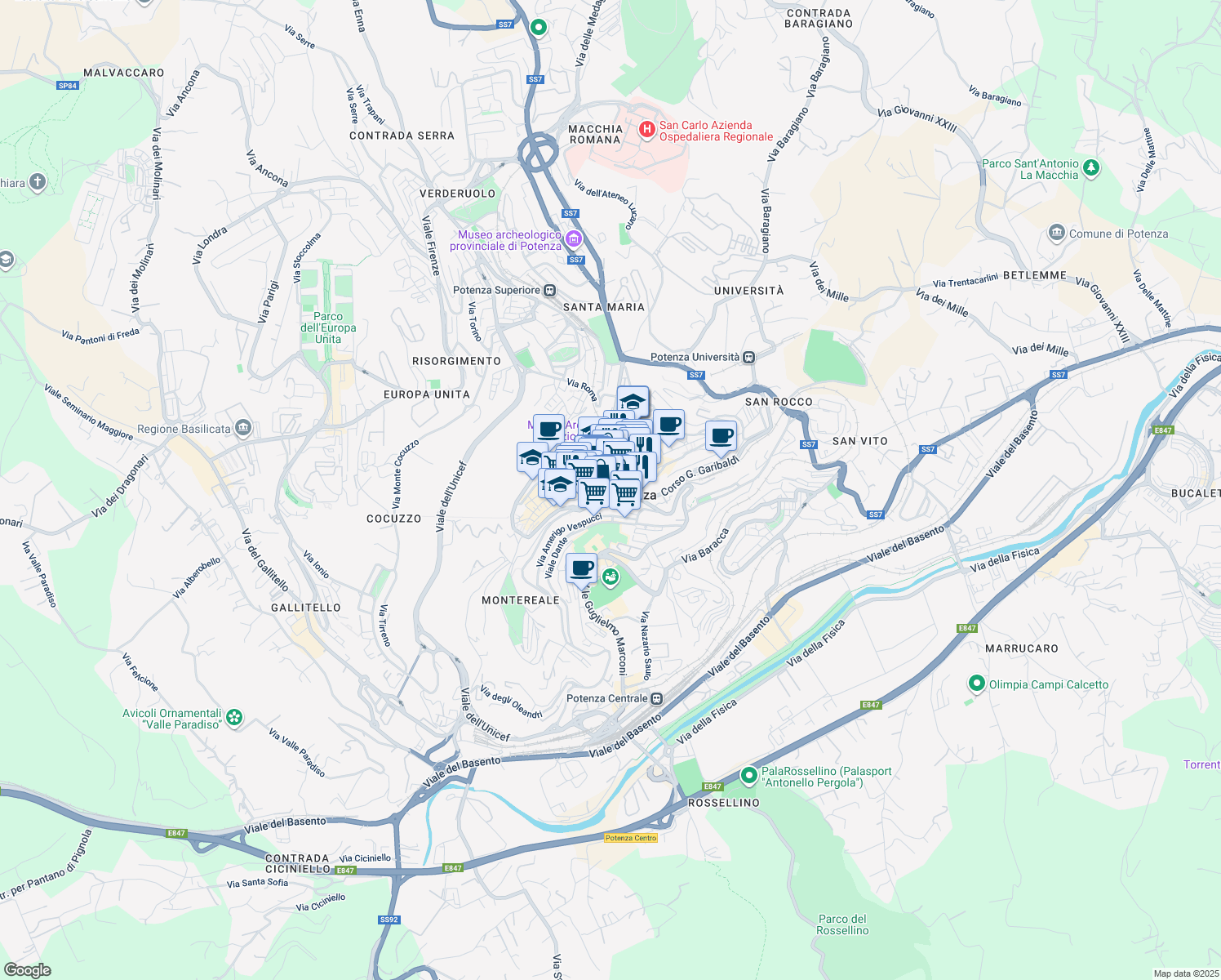 map of restaurants, bars, coffee shops, grocery stores, and more near 8 Vico assisi in Potenza