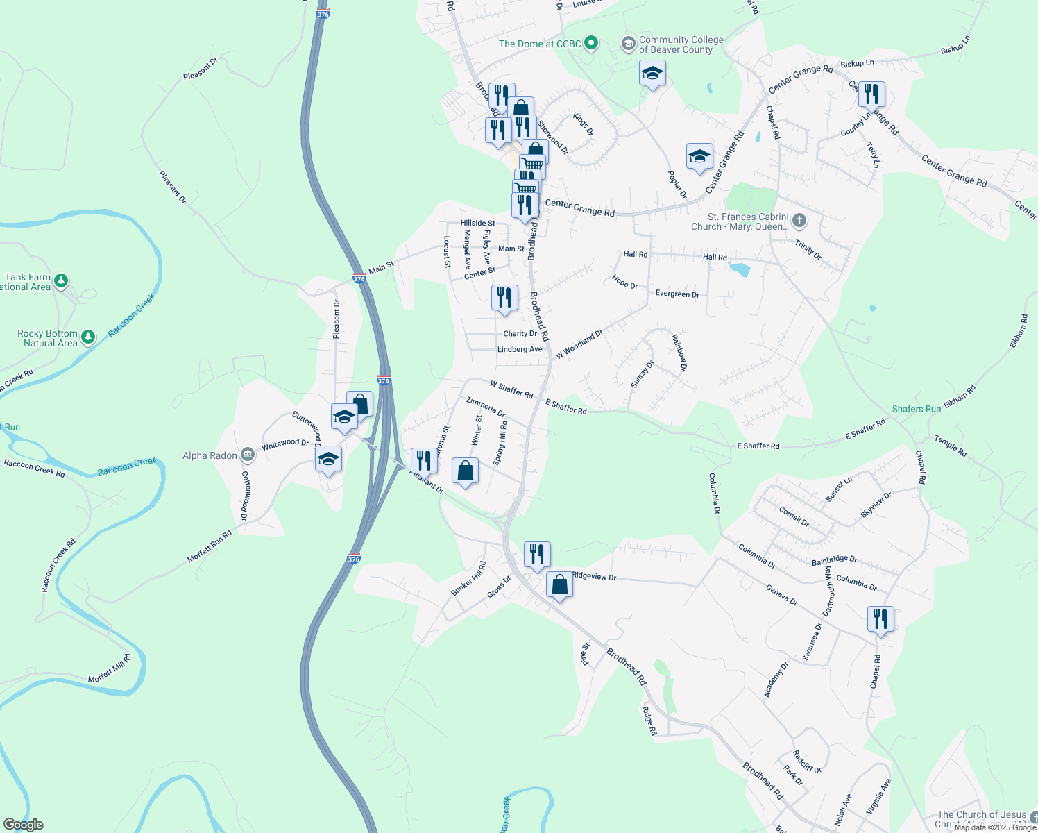 map of restaurants, bars, coffee shops, grocery stores, and more near 3275 Brodhead Rd in Aliquippa
