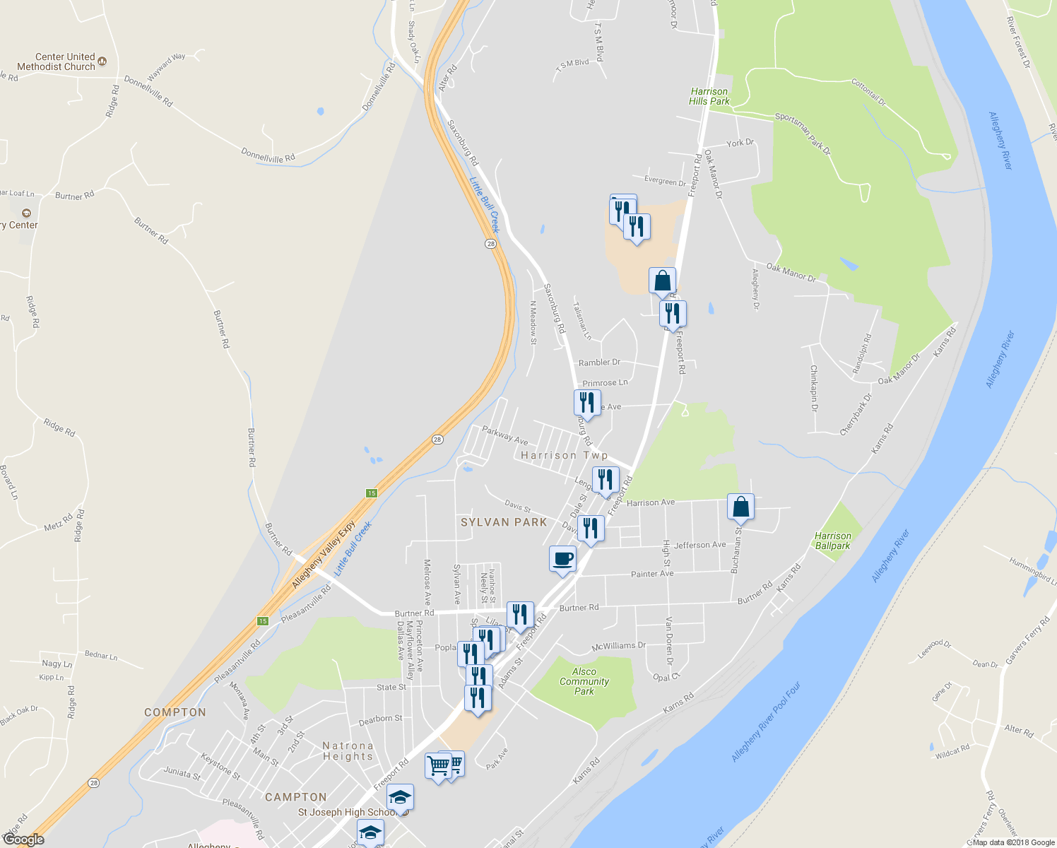map of restaurants, bars, coffee shops, grocery stores, and more near 1407 Stewart Street in Natrona Heights