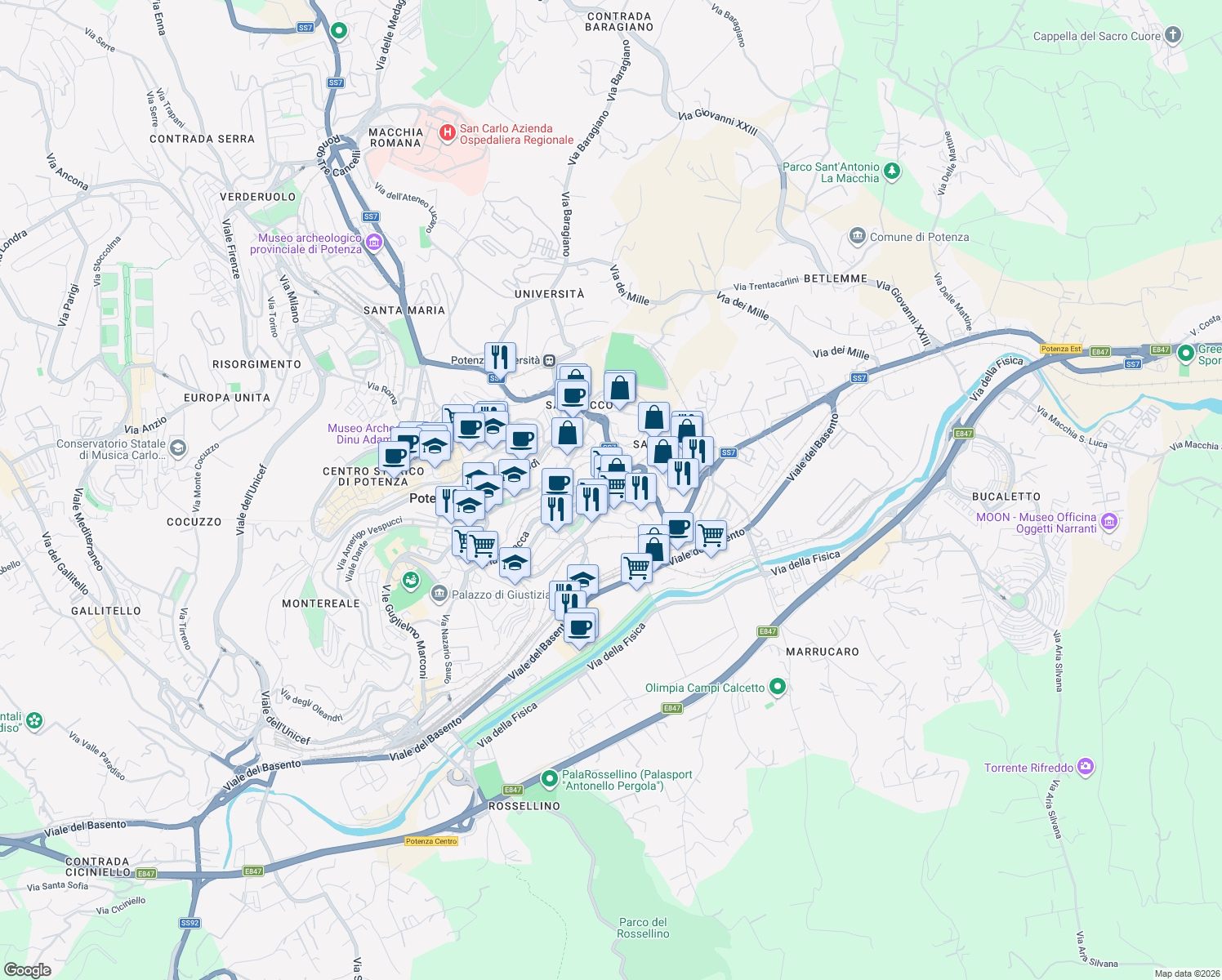 map of restaurants, bars, coffee shops, grocery stores, and more near 252 Via Pasquale Grippo in Potenza