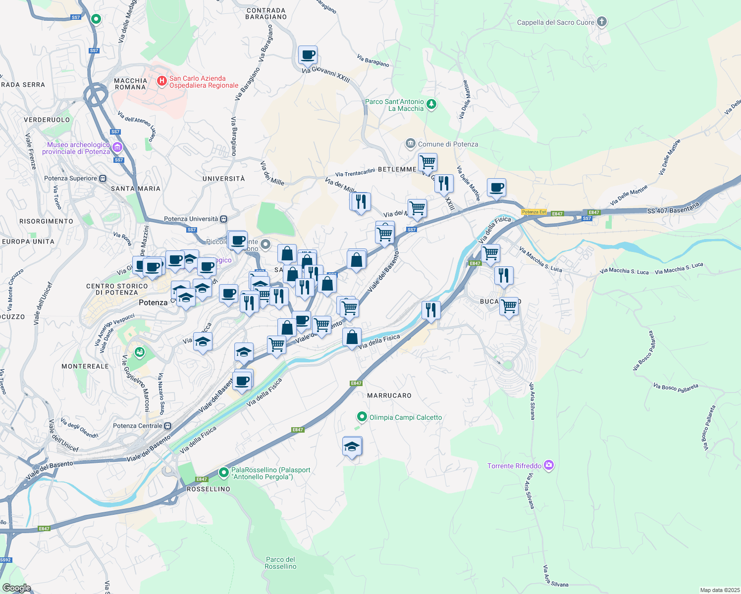 map of restaurants, bars, coffee shops, grocery stores, and more near 150 Viale del Basento in Potenza