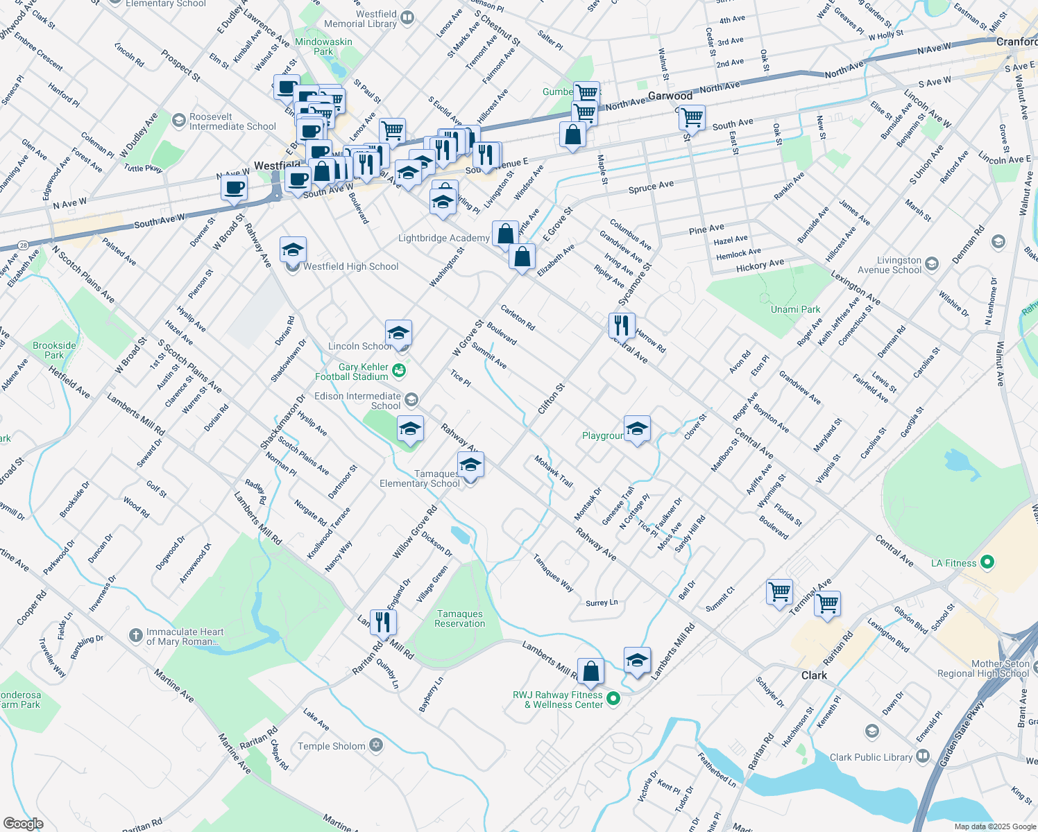 map of restaurants, bars, coffee shops, grocery stores, and more near 921 Tice Place in Westfield