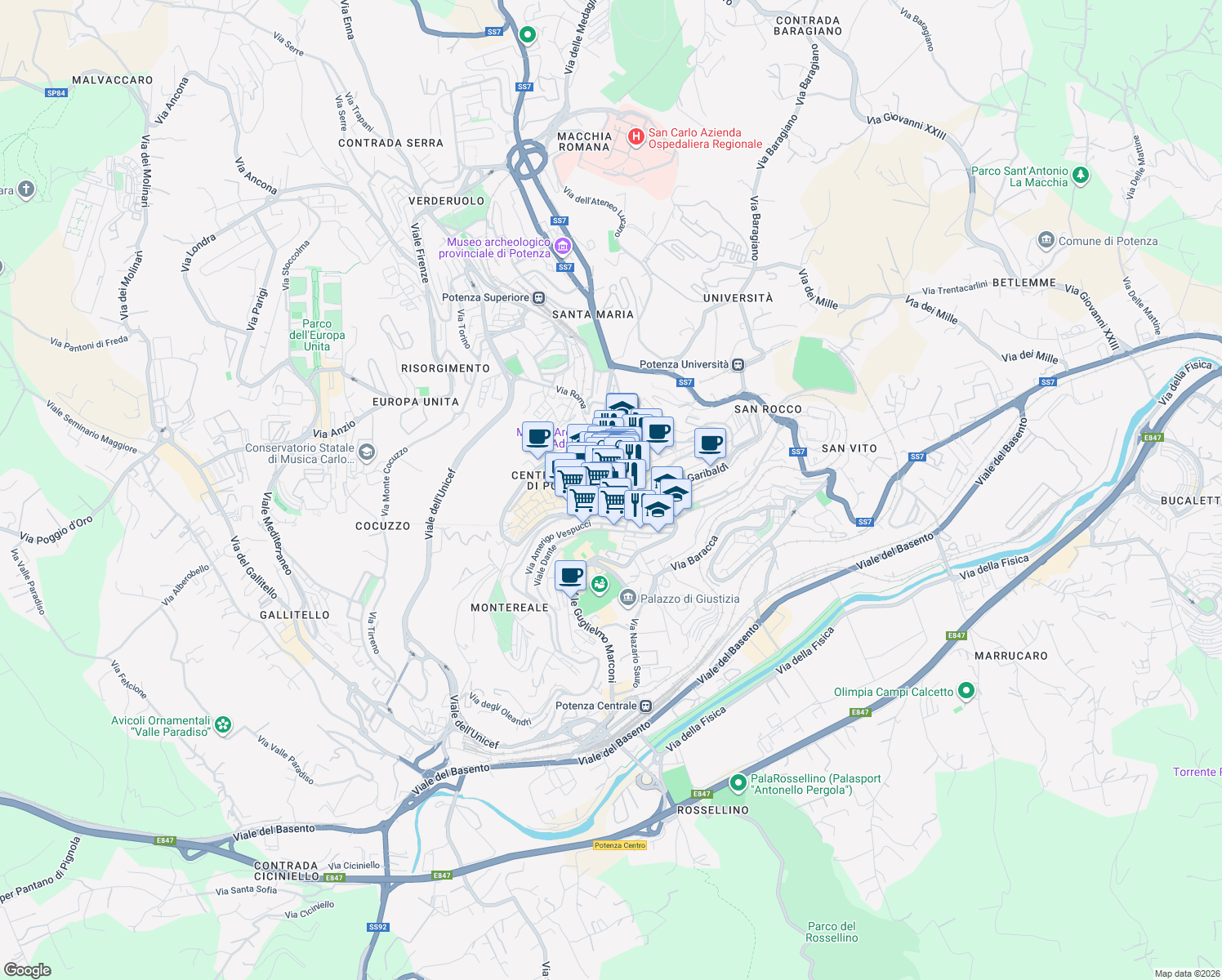 map of restaurants, bars, coffee shops, grocery stores, and more near 28 Corso Giuseppe Garibaldi in Potenza