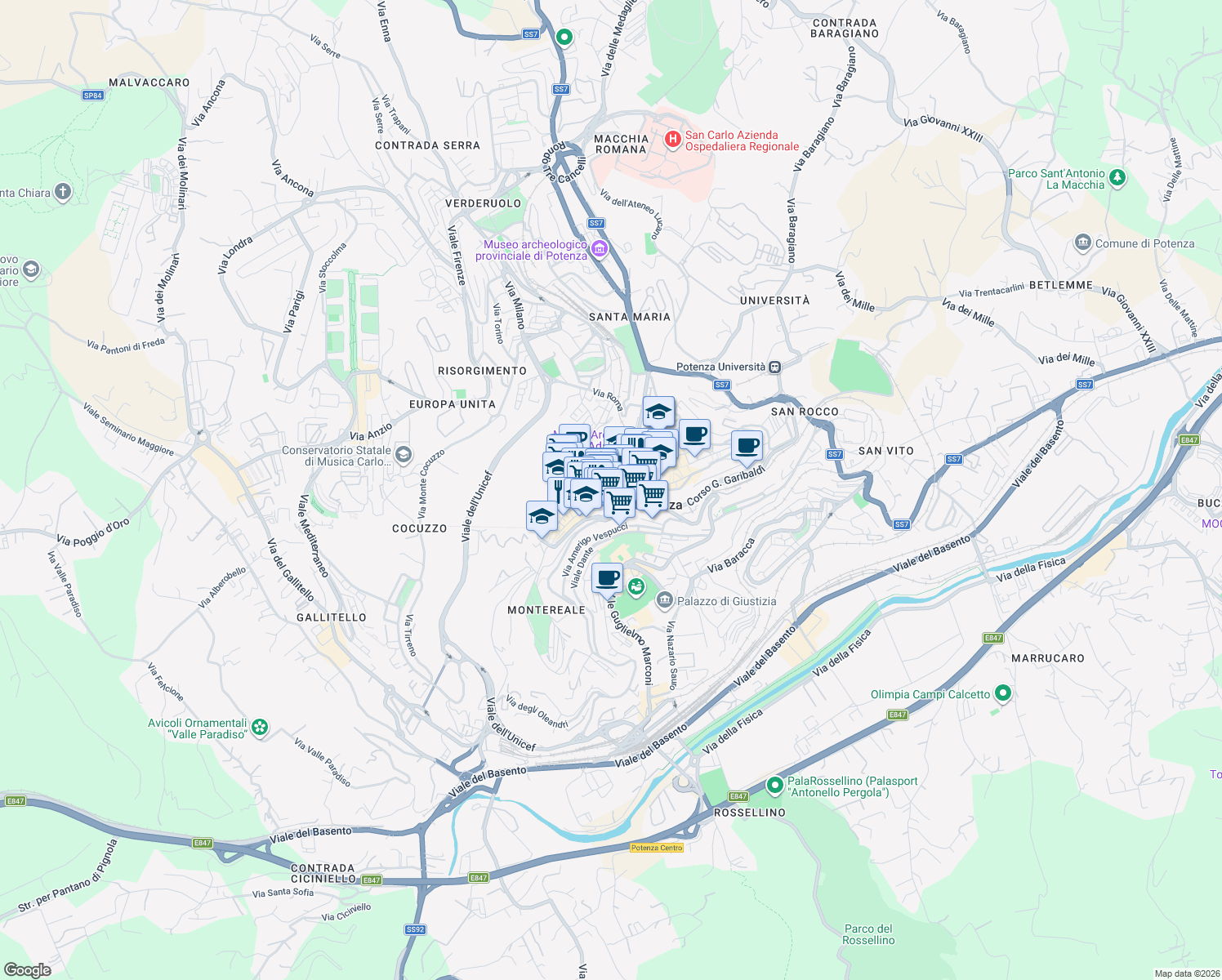 map of restaurants, bars, coffee shops, grocery stores, and more near 20 Via Pretoria in Potenza