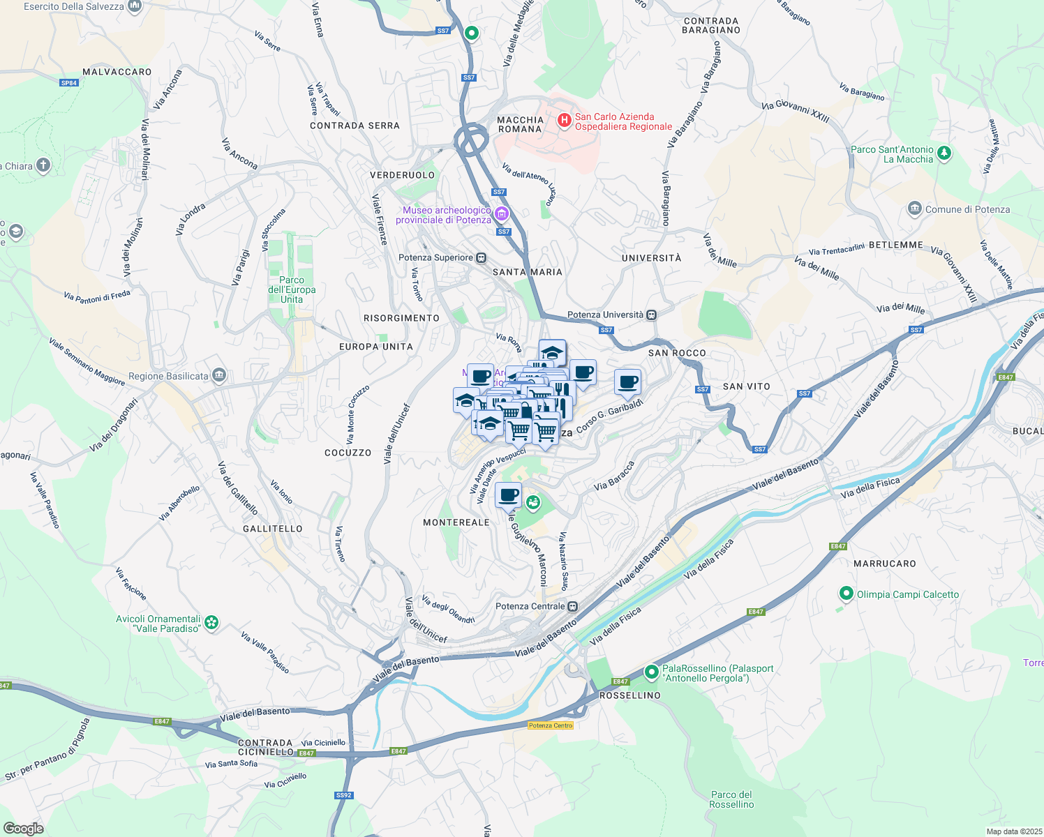 map of restaurants, bars, coffee shops, grocery stores, and more near 8 Vicolo Assisi in Potenza