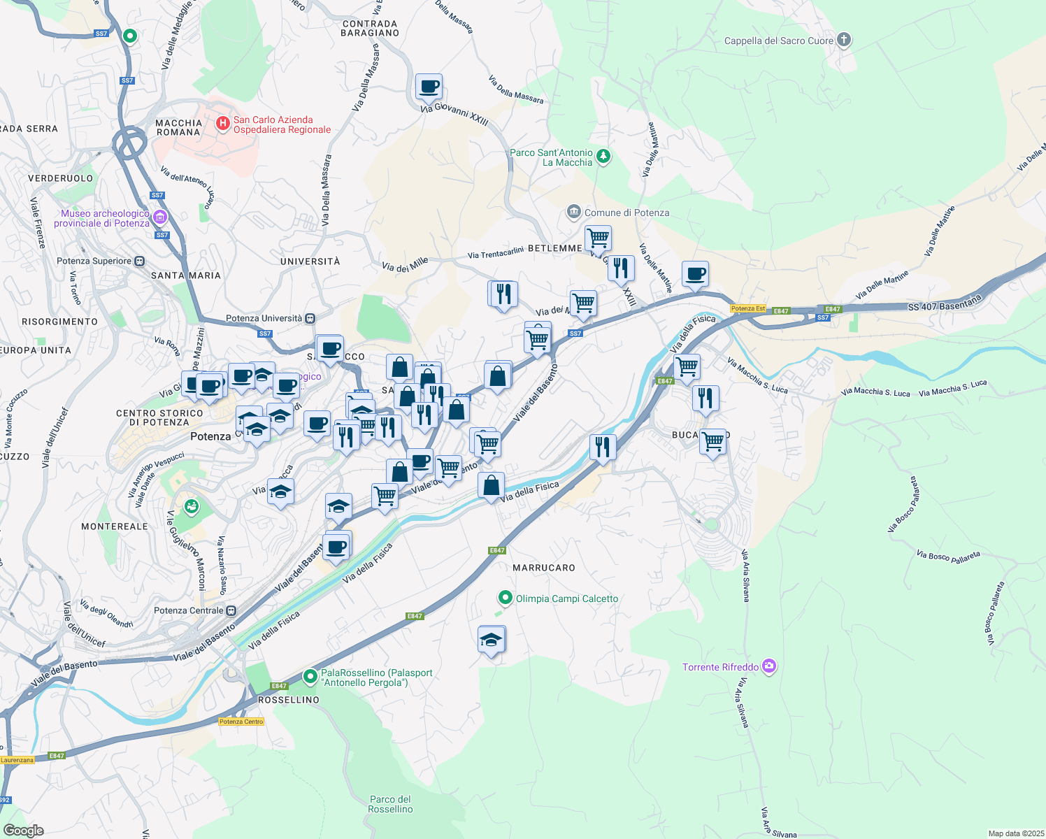 map of restaurants, bars, coffee shops, grocery stores, and more near 150 Viale del Basento in Potenza