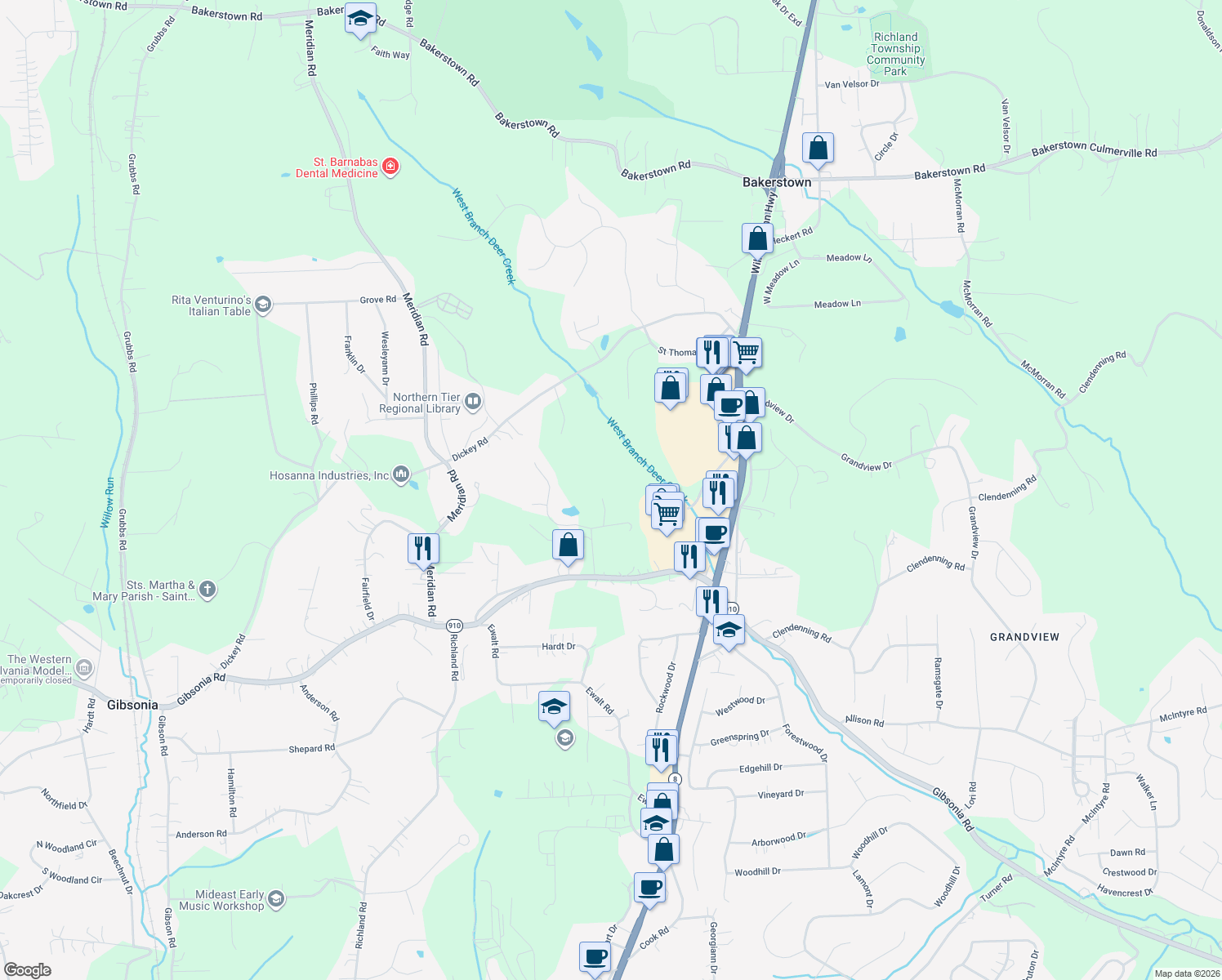 map of restaurants, bars, coffee shops, grocery stores, and more near 318 Chardick Drive in Gibsonia