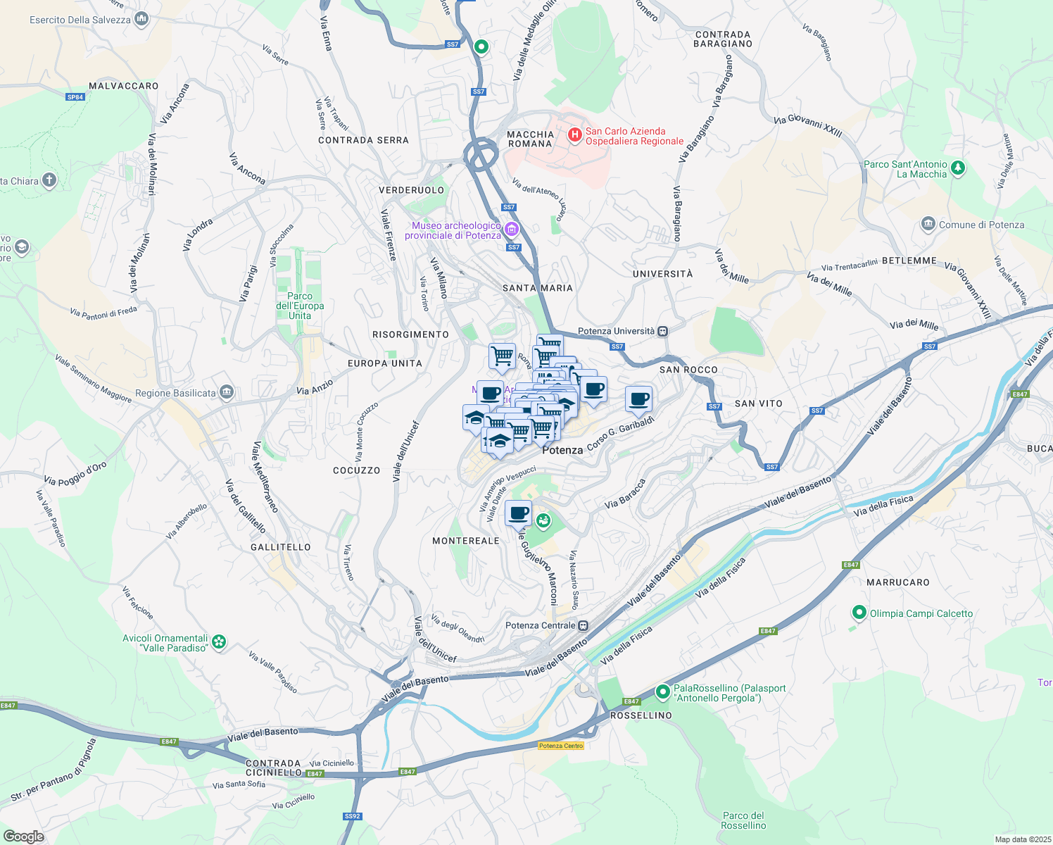 map of restaurants, bars, coffee shops, grocery stores, and more near 171 Via Pretoria in Potenza