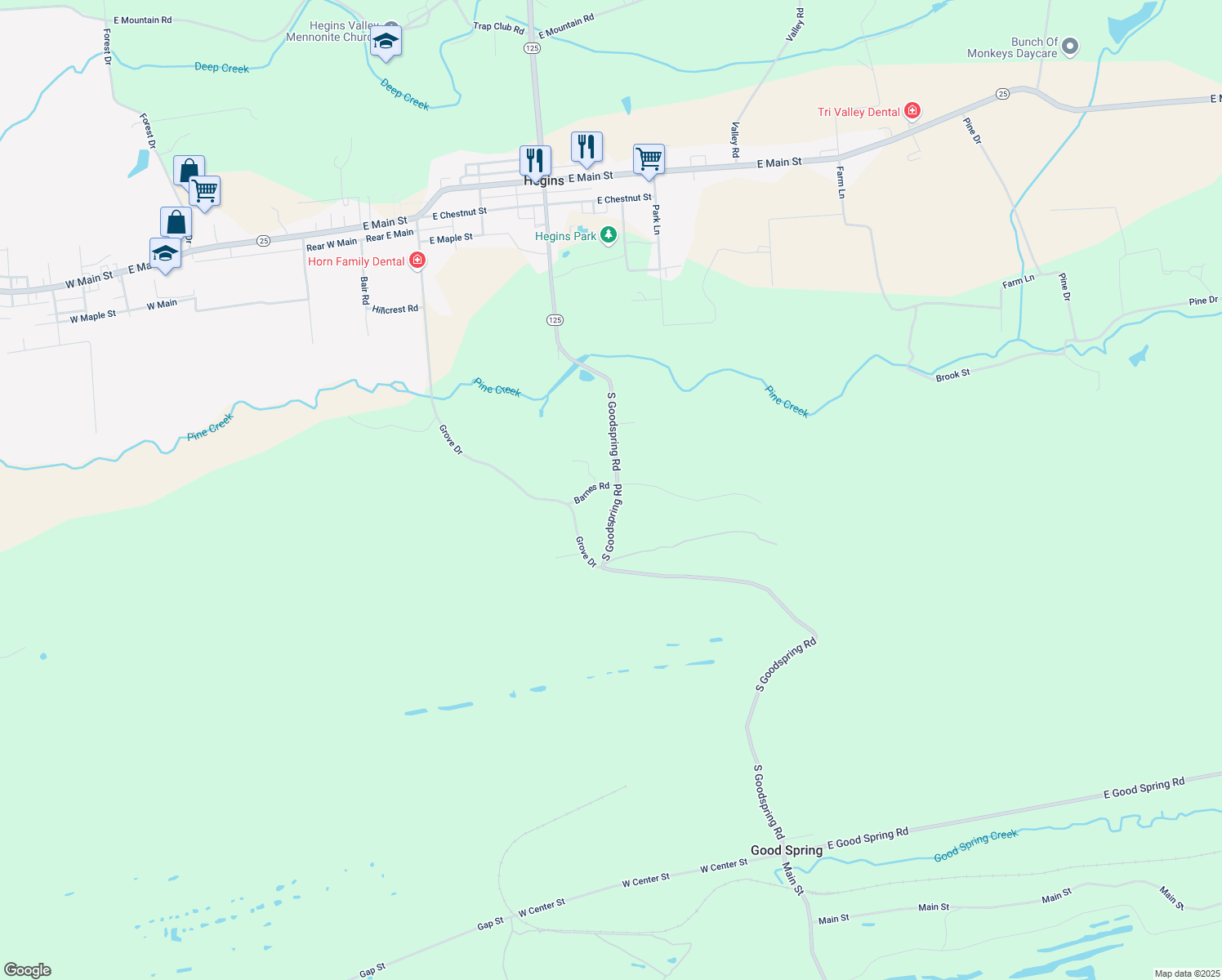 map of restaurants, bars, coffee shops, grocery stores, and more near 477 South Goodspring Road in Hegins