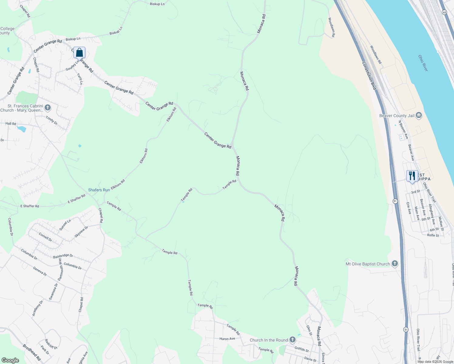 map of restaurants, bars, coffee shops, grocery stores, and more near 106 Temple Road in Monaca