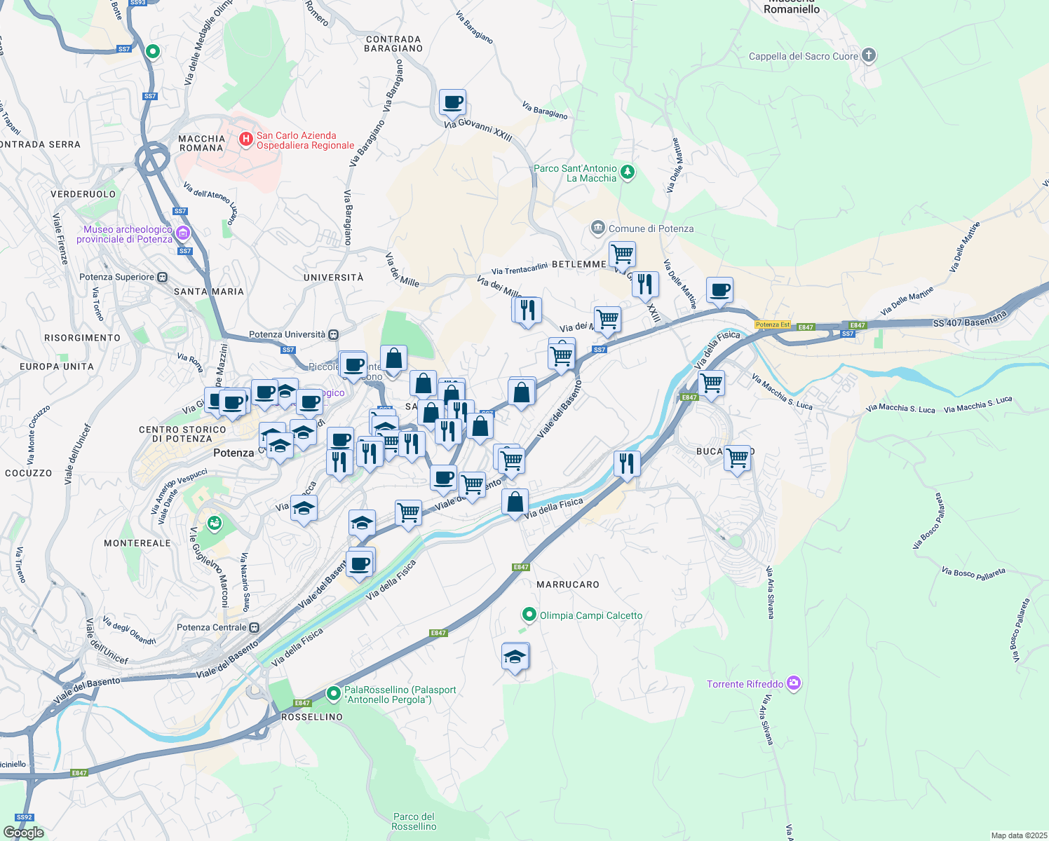 map of restaurants, bars, coffee shops, grocery stores, and more near Via Louis Braille in Potenza