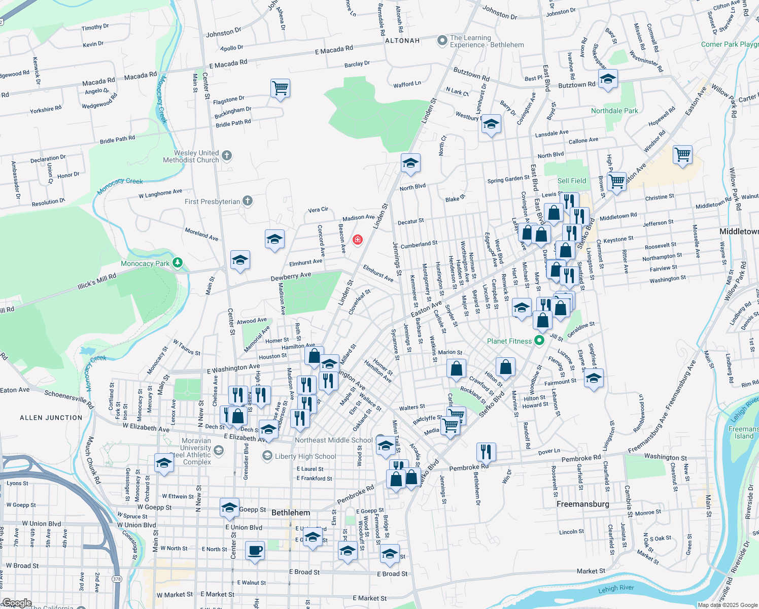 map of restaurants, bars, coffee shops, grocery stores, and more near 1848 Arlington St in Bethlehem