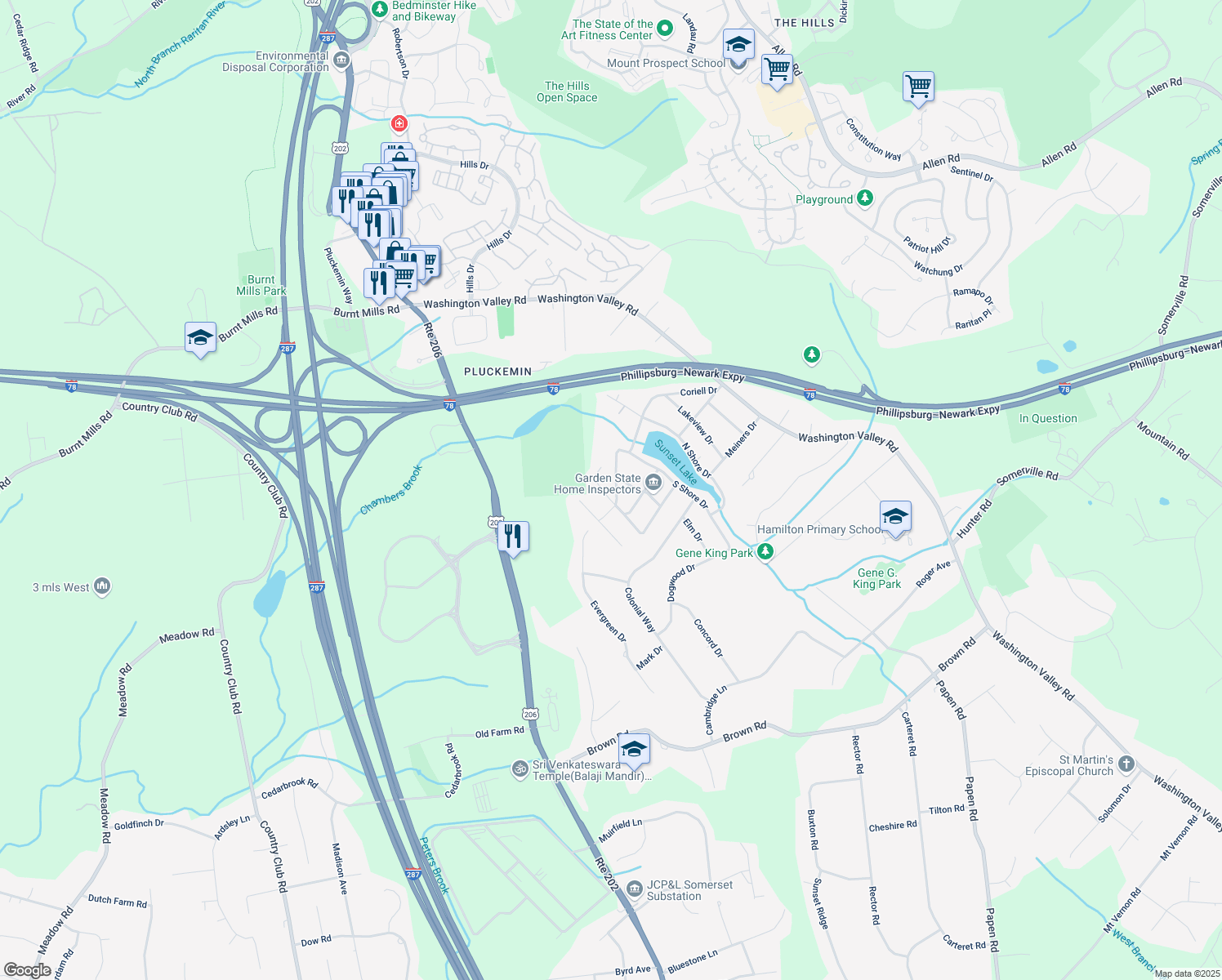 map of restaurants, bars, coffee shops, grocery stores, and more near 1291 Evergreen Drive in Basking Ridge
