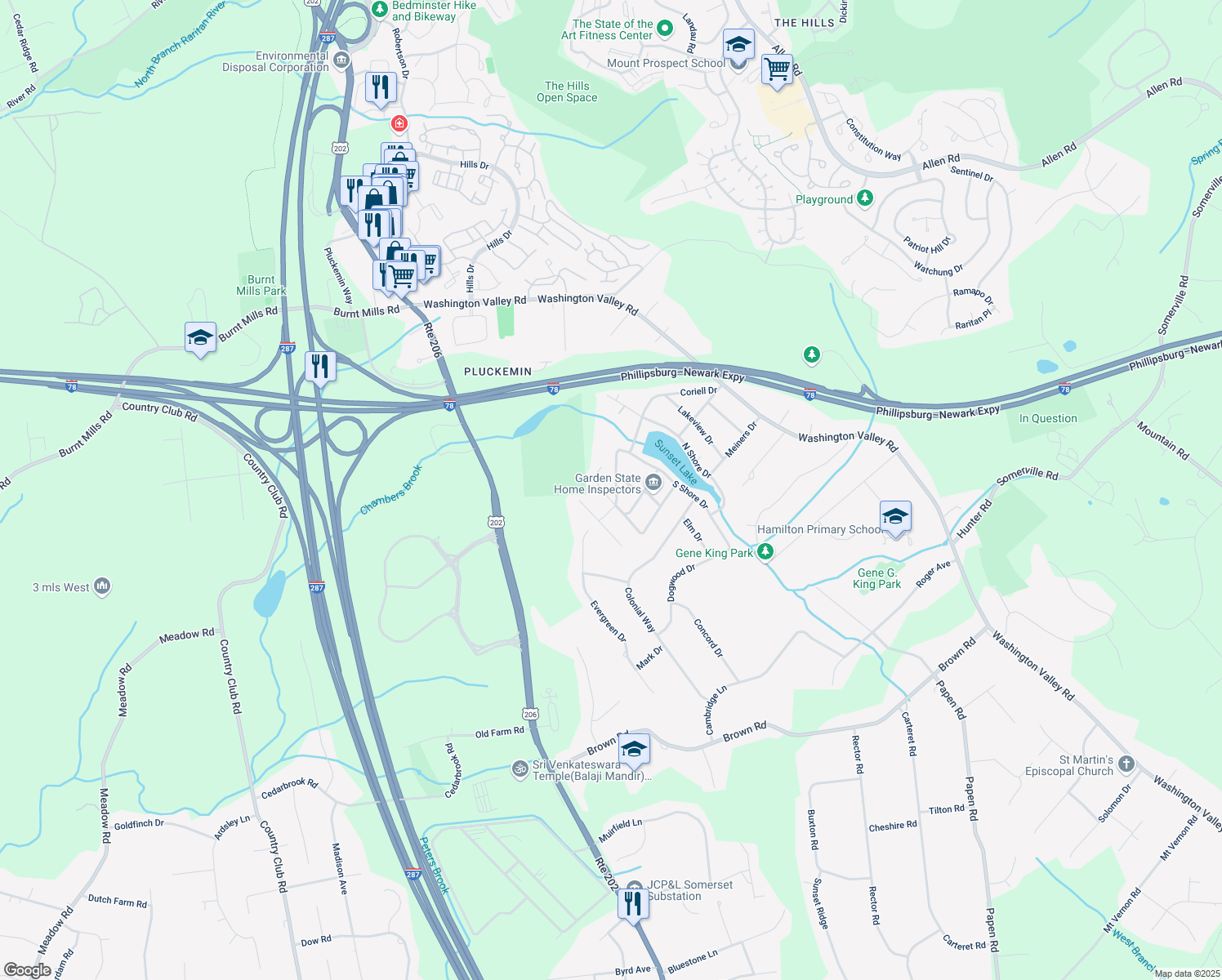 map of restaurants, bars, coffee shops, grocery stores, and more near 1291 Evergreen Drive in Basking Ridge