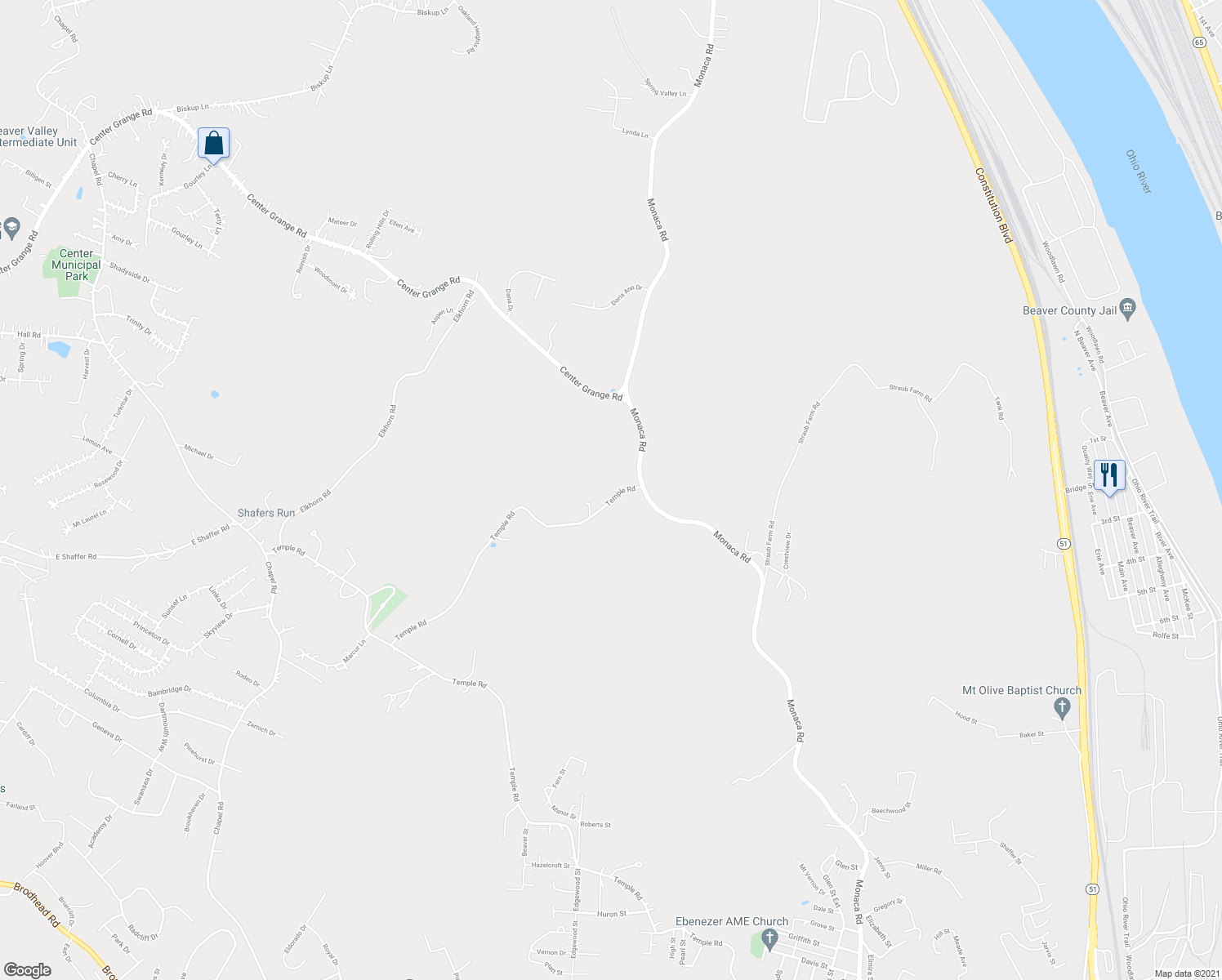 map of restaurants, bars, coffee shops, grocery stores, and more near 106 Temple Rd in Monaca